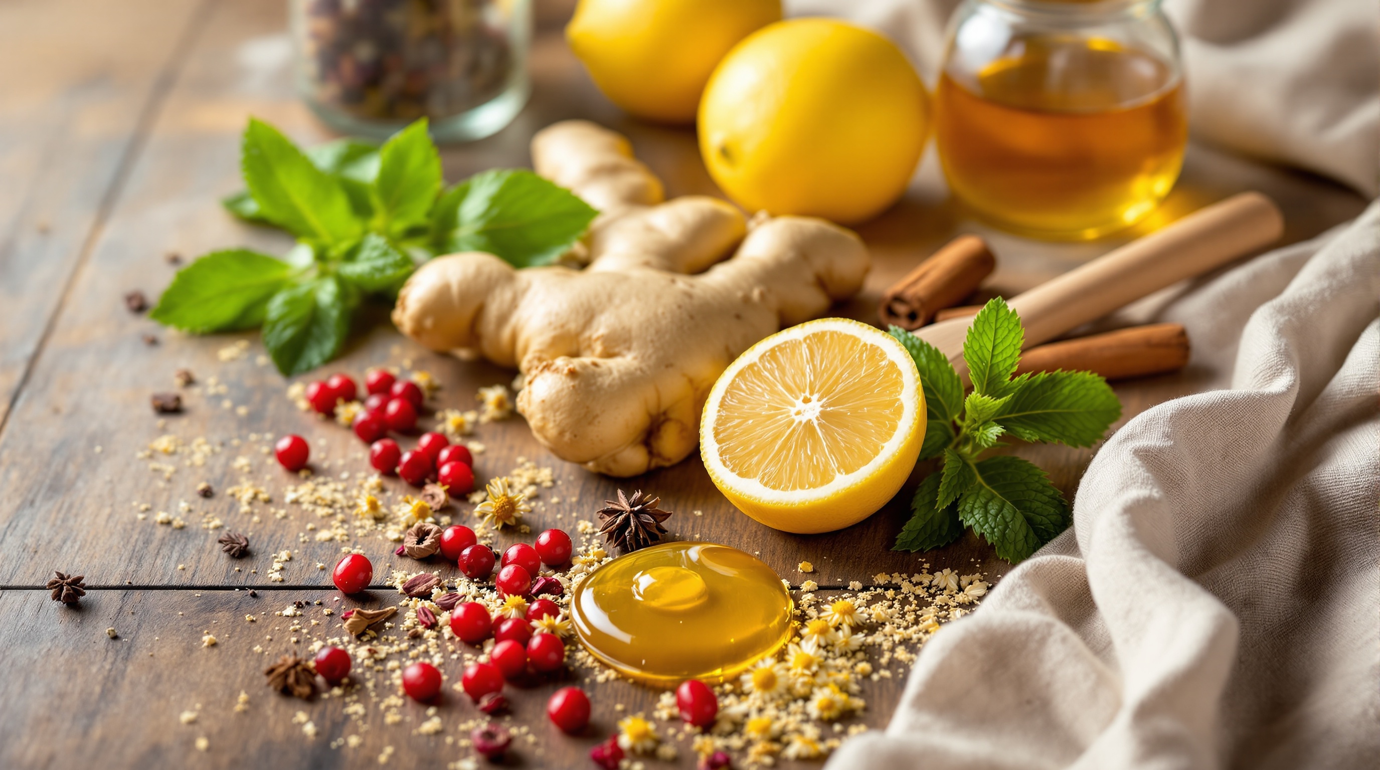 Gingembre frais, citron coupé en deux, miel, feuilles de menthe, cannelle, baies rouges et épices disposés sur une table en bois.
