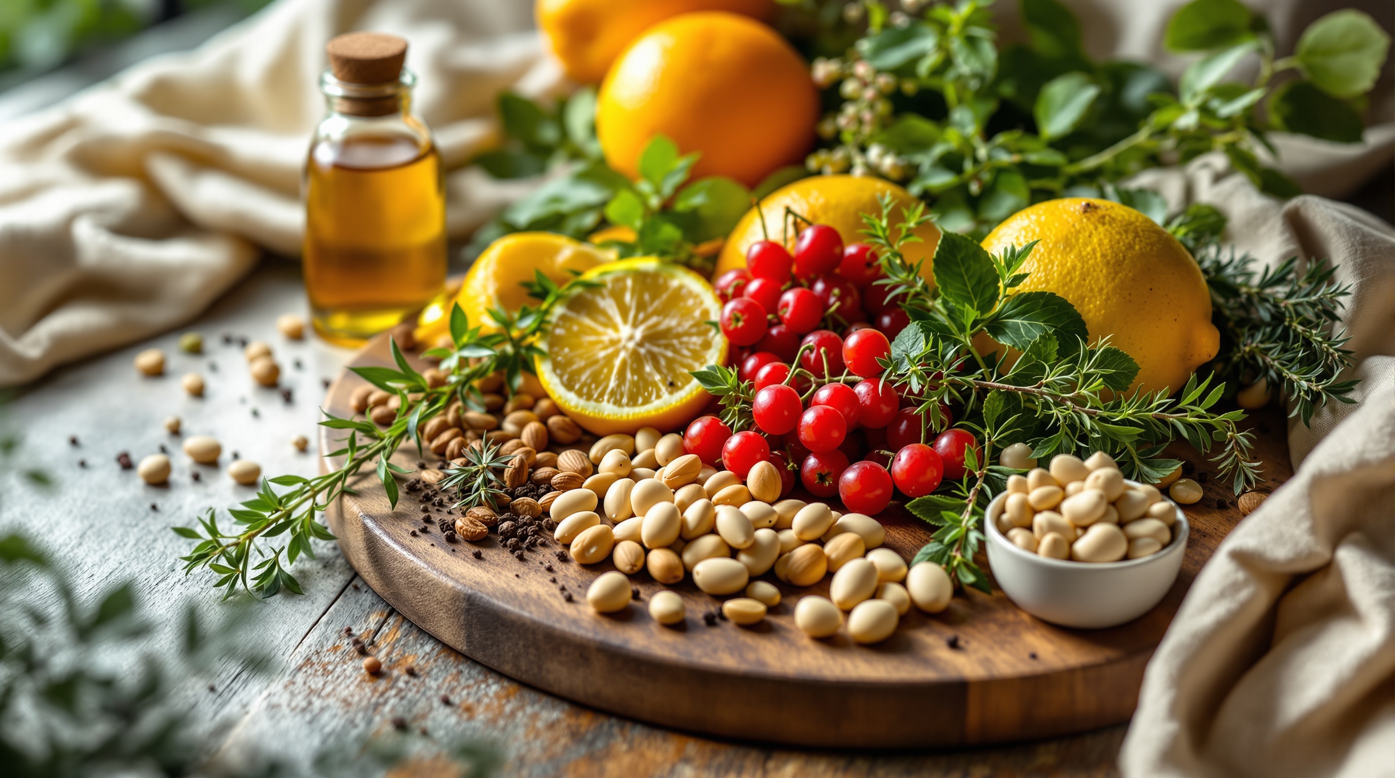 Divers ingrédients naturels incluant des citrons, des baies rouges, des amandes, des graines, des branches d’herbes fraîches et une bouteille d’huile sur une planche en bois.