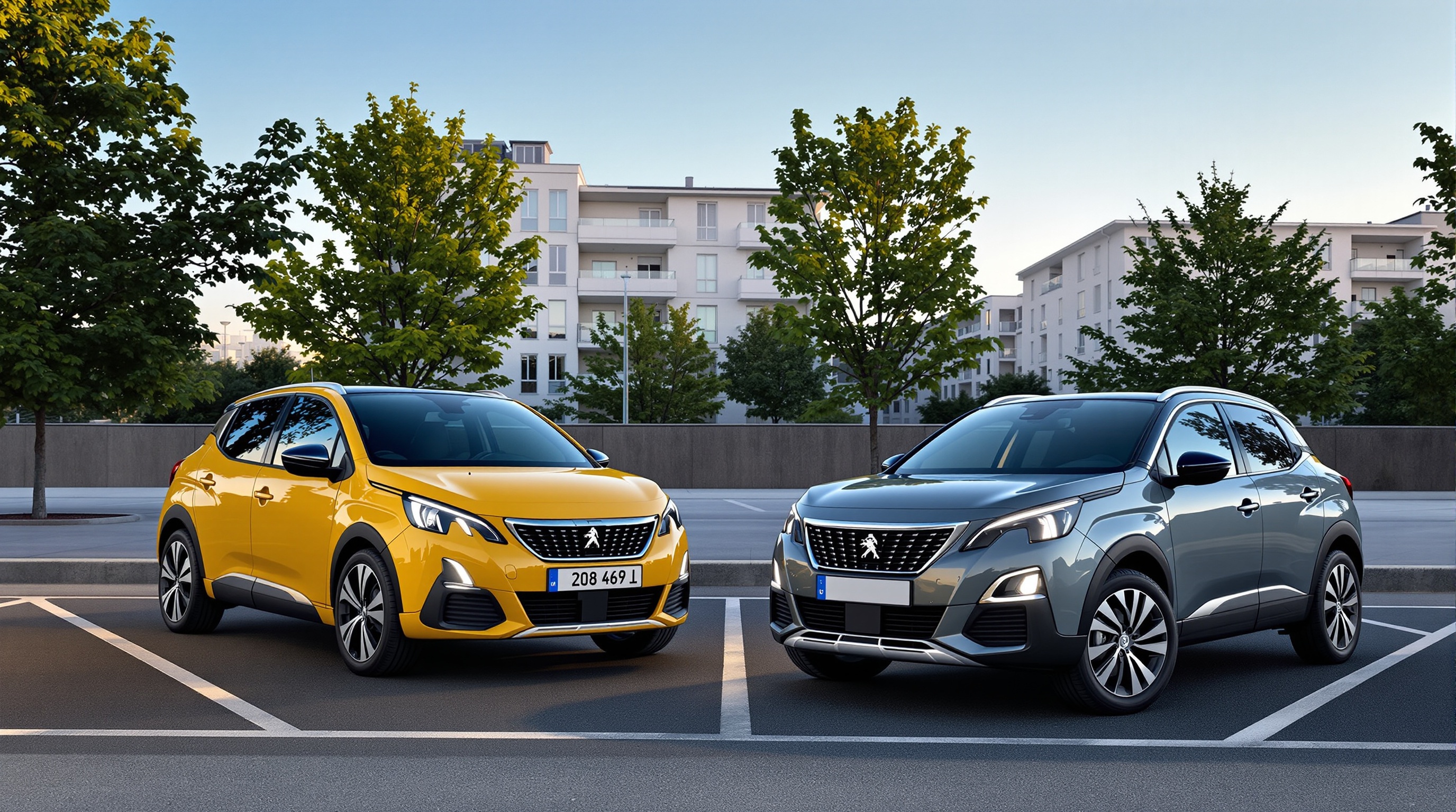 Deux SUV Peugeot 2008, un jaune et un gris, sont garés côte à côte dans un parking urbain avec des arbres et des immeubles modernes en arrière-plan.