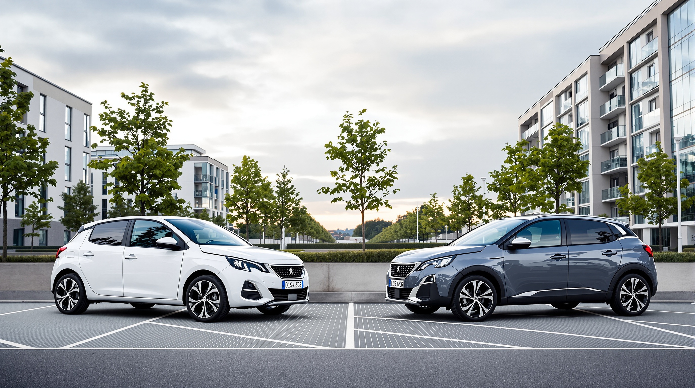 Deux voitures Peugeot garées face à face sur un parking urbain, entouré d’immeubles modernes et d’arbres.