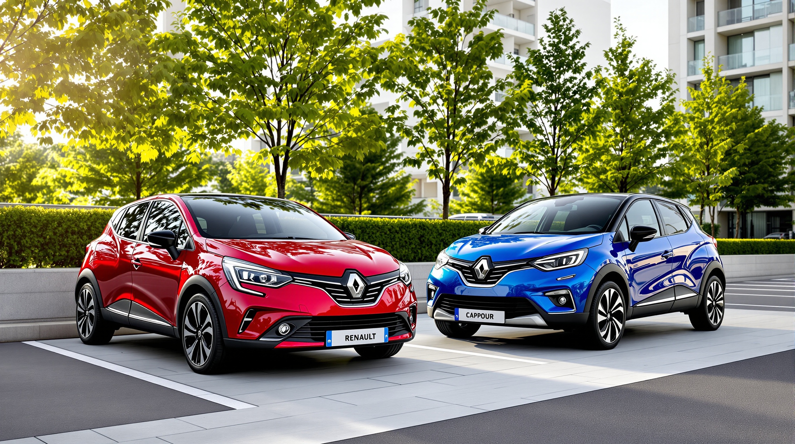 Deux voitures Renault garées côte à côte dans un parking urbain, l