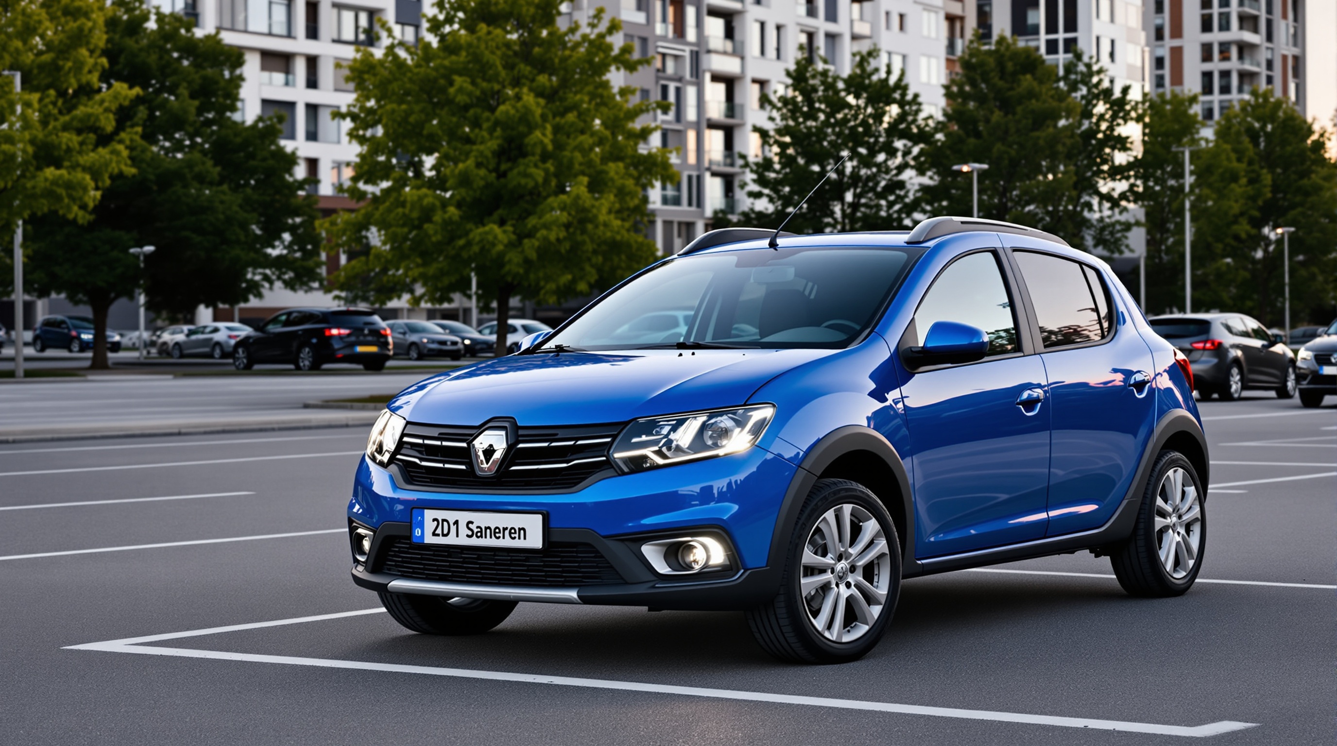 Voiture Renault bleue garée sur un parking urbain, avec des immeubles résidentiels et des arbres en arrière-plan.