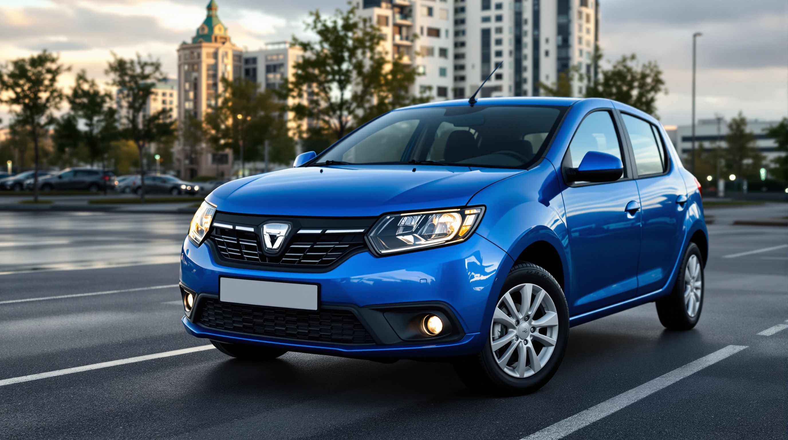 Voiture citadine bleue garée sur un parking en ville, avec des immeubles en arrière-plan.