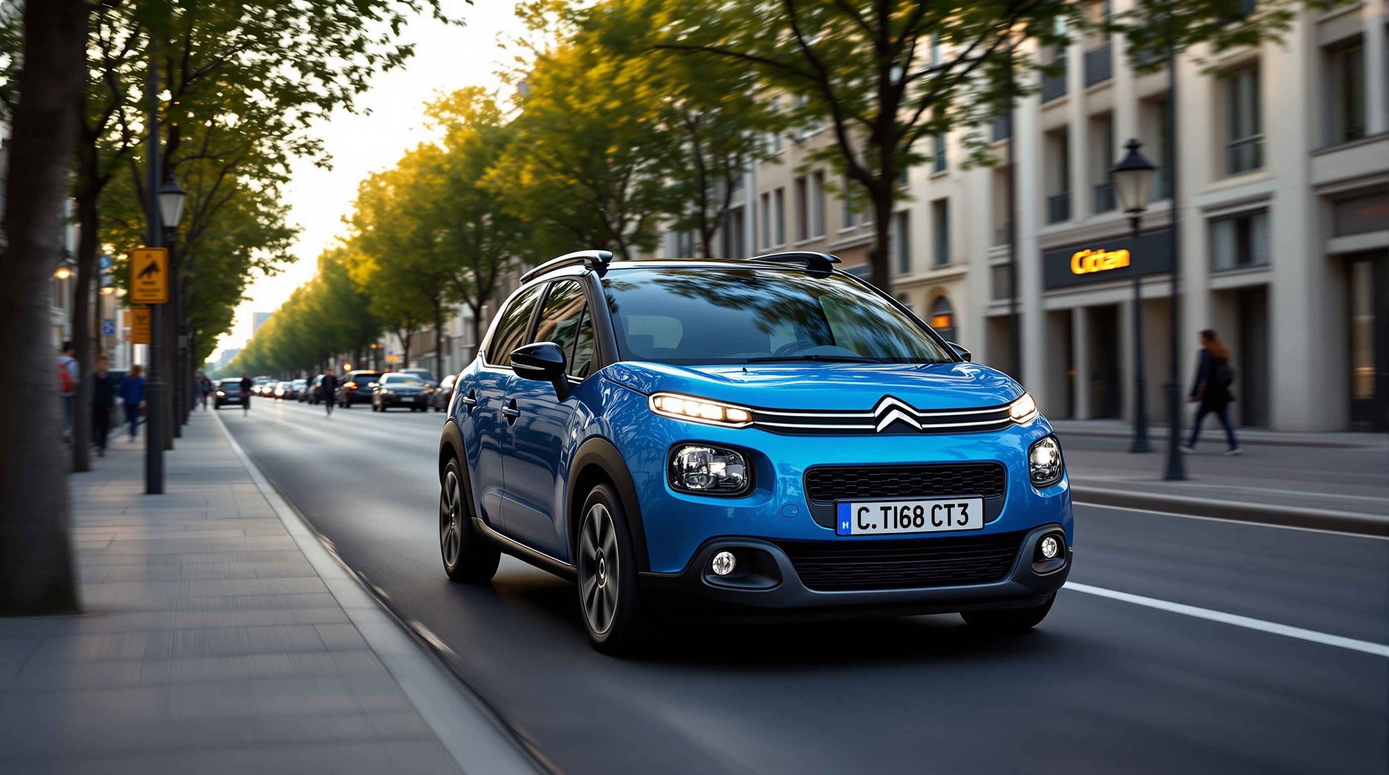 Une Citroën C3 bleue roule sur une avenue bordée d’arbres en ville, avec des immeubles modernes et des piétons en arrière-plan.
