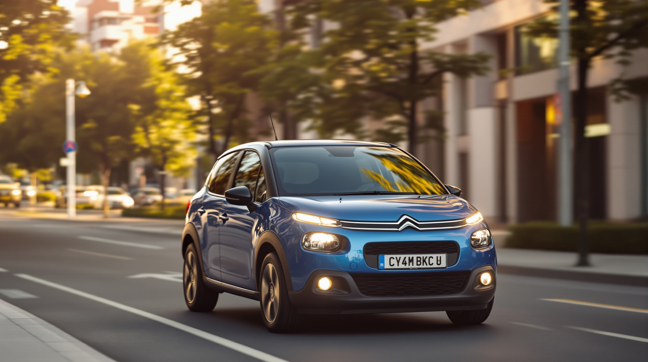 Une Citroën C3 bleue roule en ville sur une avenue bordée d’arbres et d’immeubles modernes, à la lumière dorée du matin ou du soir.