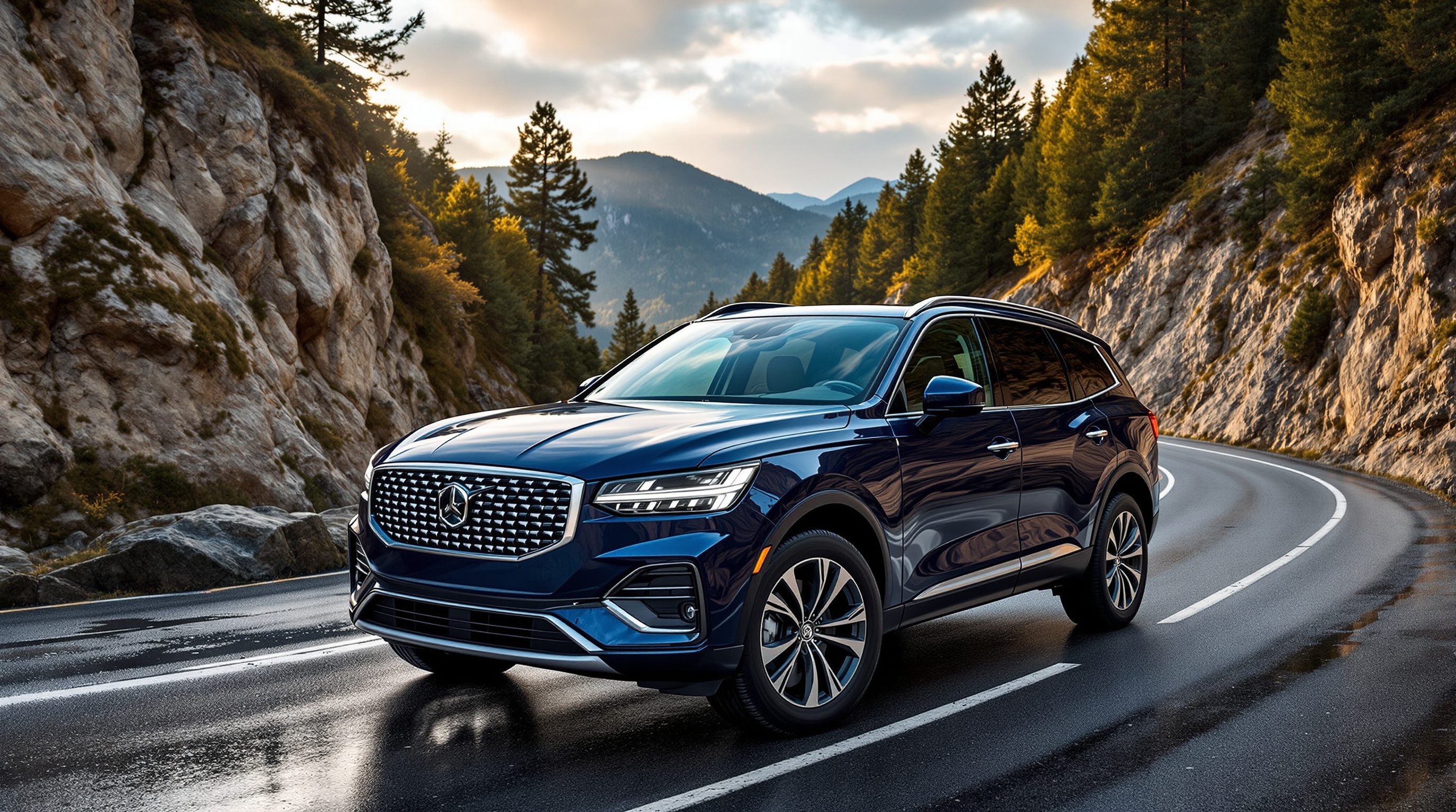 SUV bleu conduit sur une route de montagne sinueuse bordée de pins et de falaises au coucher du soleil.