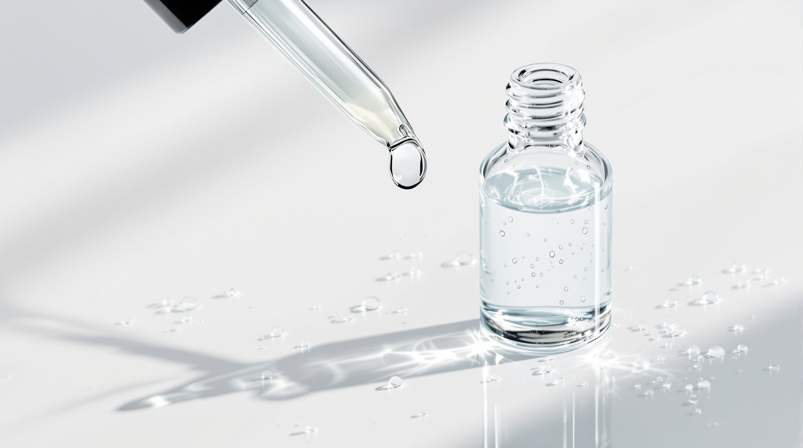 Flacon en verre transparent rempli de liquide, posé sur une surface blanche, avec une pipette laissant tomber une goutte.