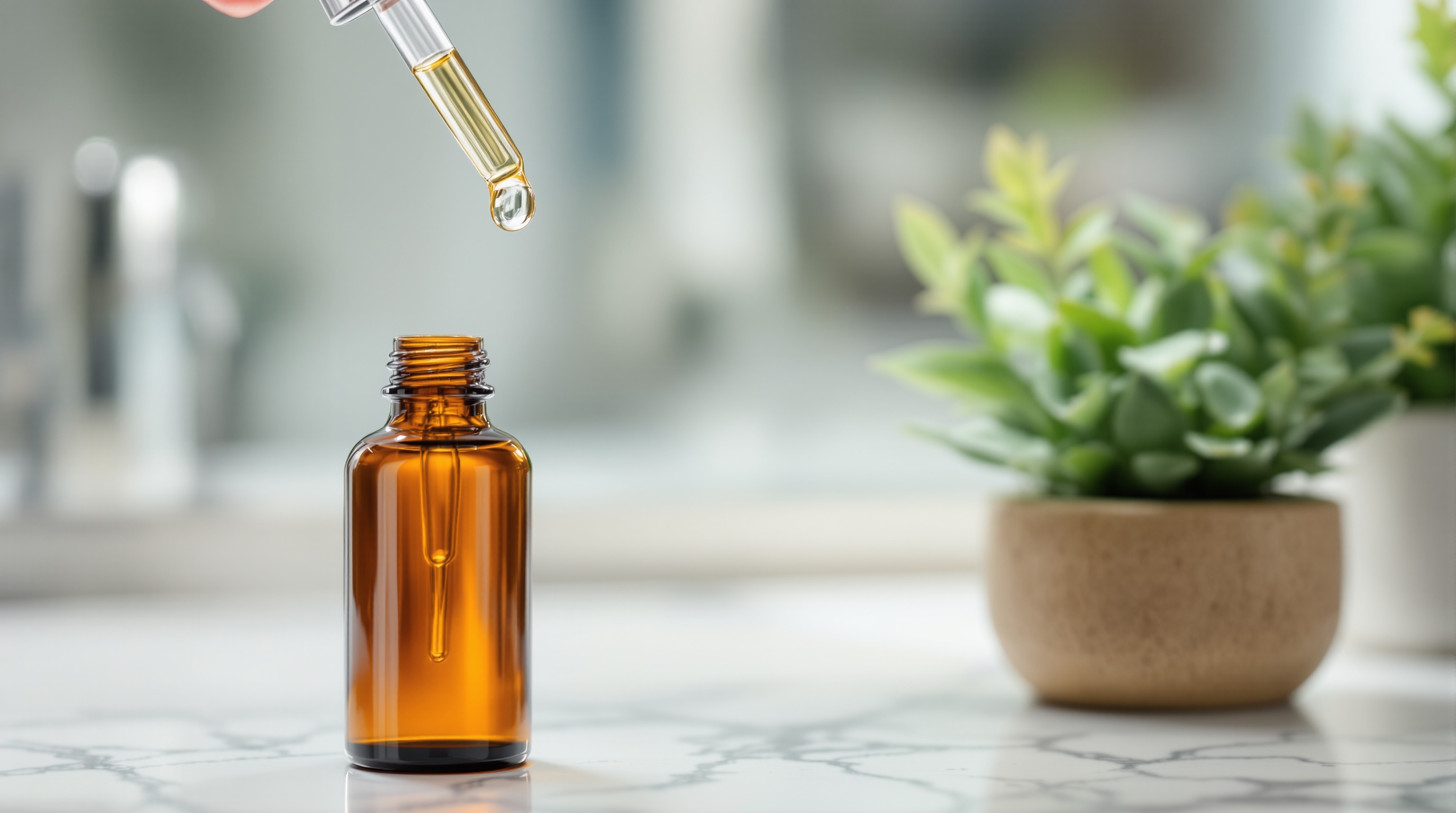 Flacon compte-gouttes en verre ambré, utilisé pour les huiles essentielles, avec une pipette au-dessus du flacon, sur un plan de travail en marbre et une plante en pot en arrière-plan.