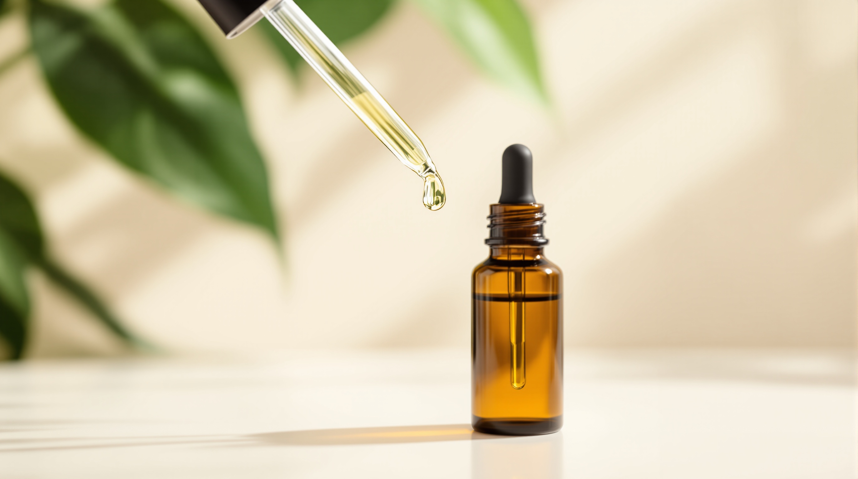 Amber glass bottle with pipette dispensing a drop of oil, on a blurred background with green leaves.