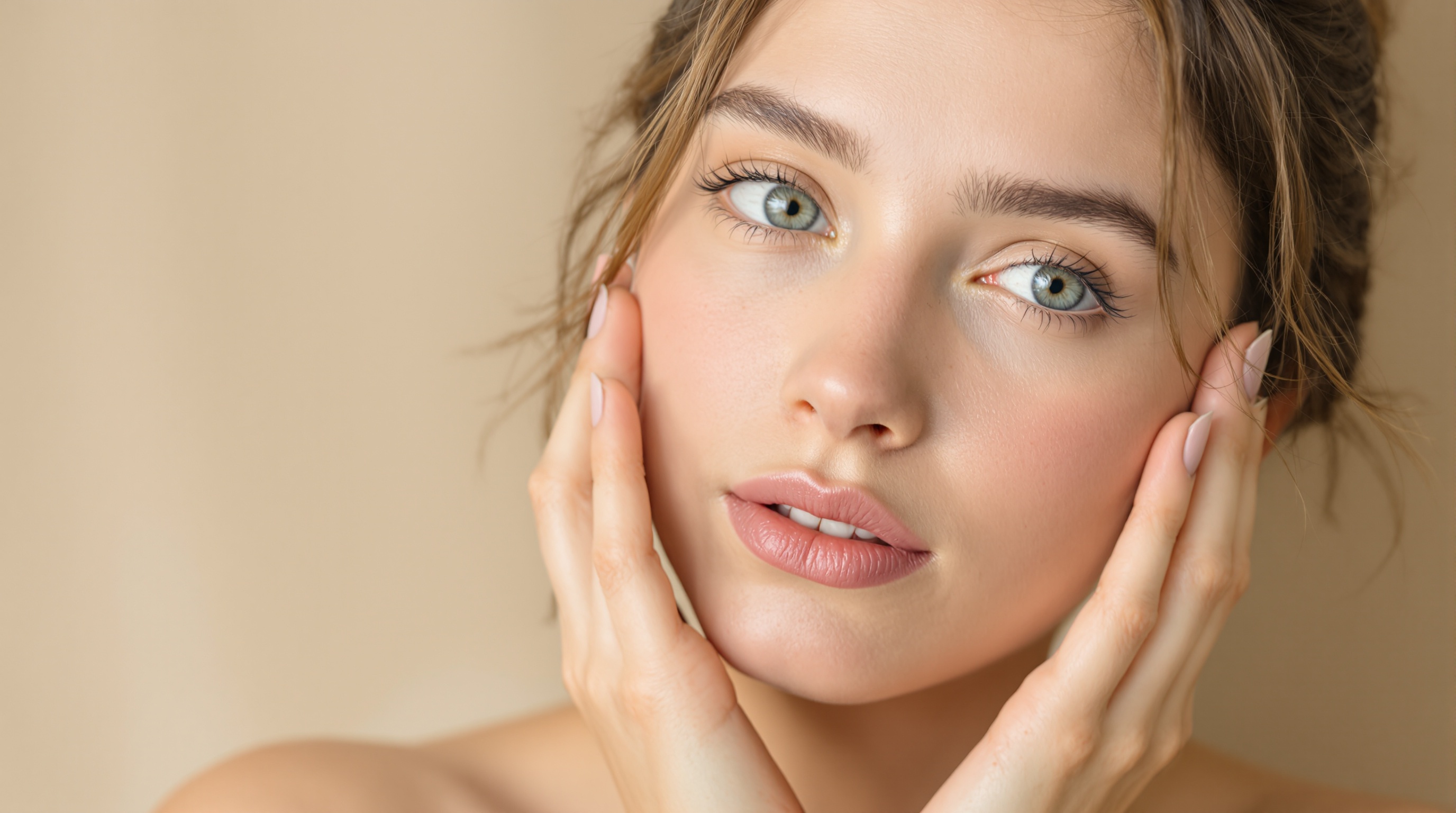 Femme au teint clair avec les yeux bleus et les cheveux bruns, posant les mains sur son visage, maquillage naturel.