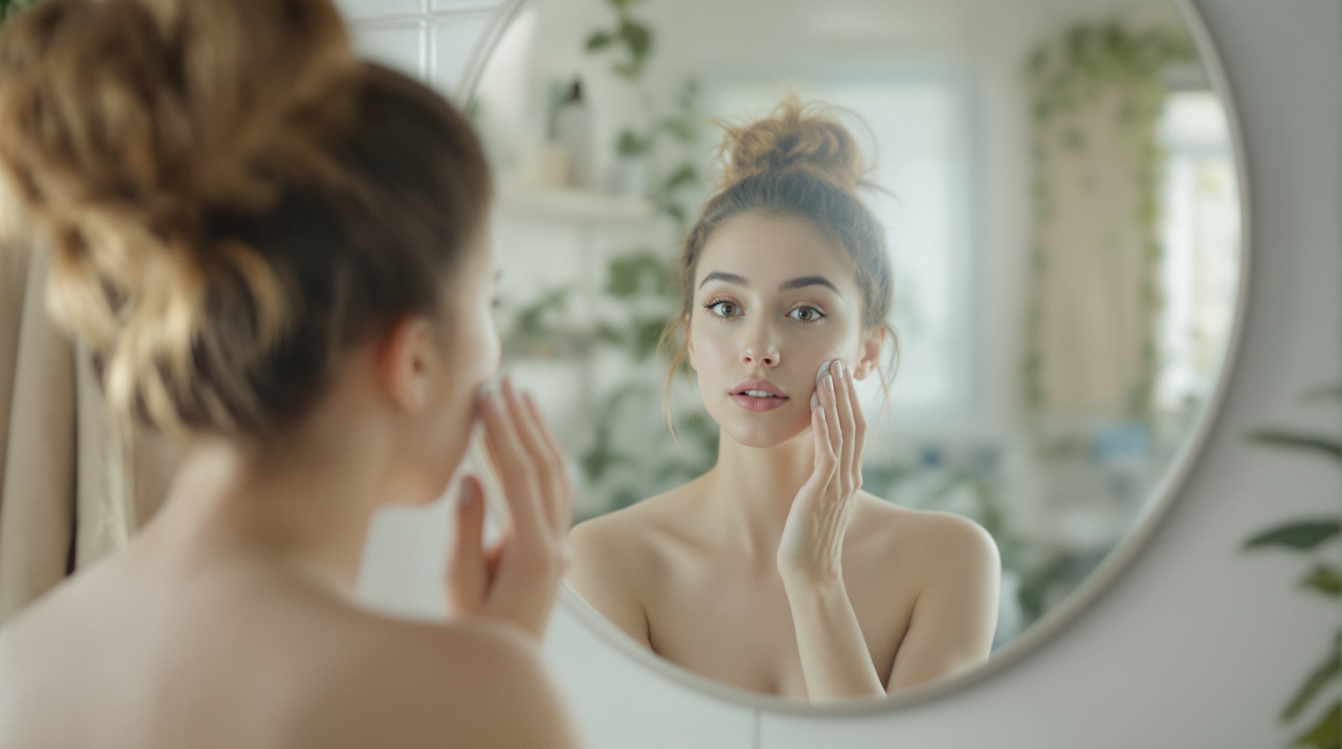 Femme se regardant dans un miroir et touchant son visage dans une salle de bain lumineuse entourée de plantes.