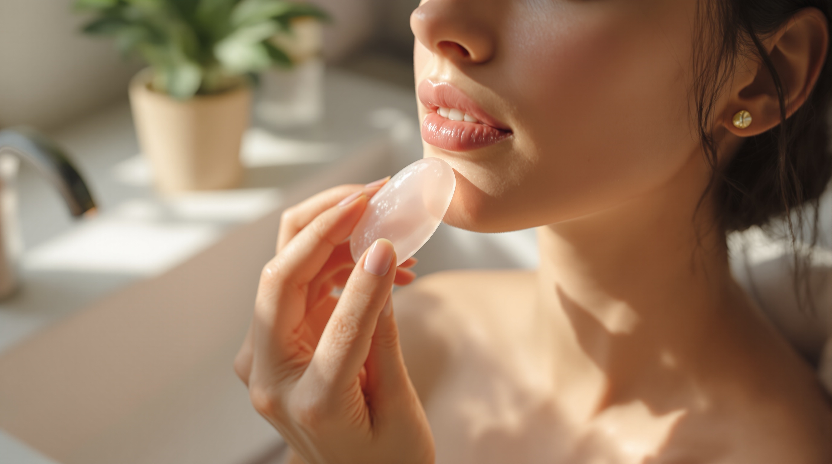 Femme tenant une pierre de massage en quartz rose et massant son visage au niveau du menton.