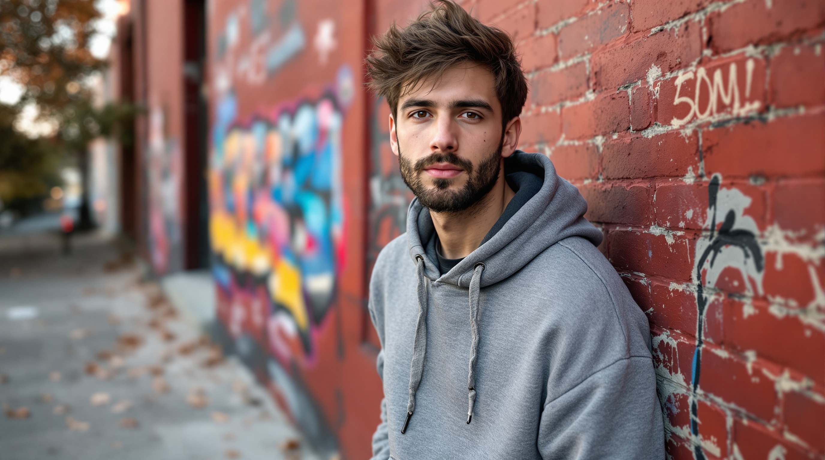 Un jeune homme à barbe portant un sweat à capuche gris est appuyé contre un mur en briques rouges couvert de graffitis, dans une rue urbaine.