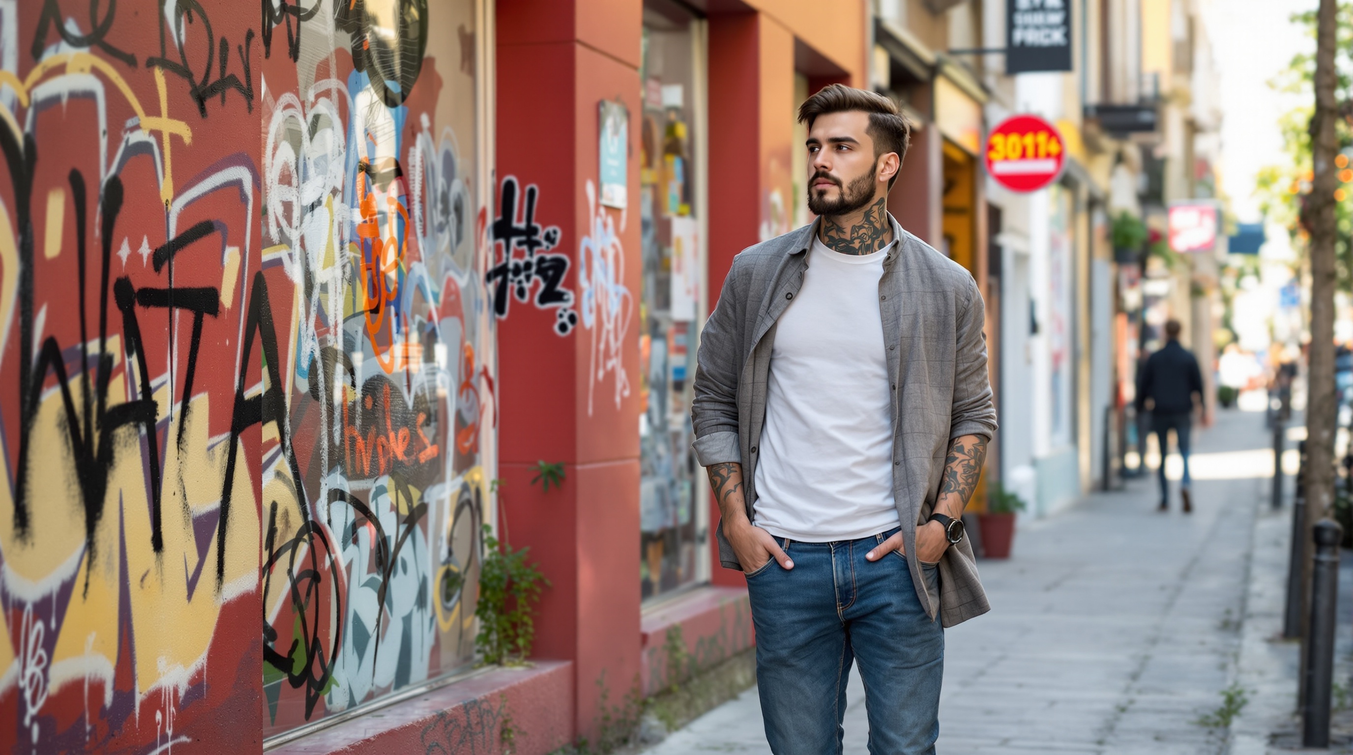 A tattooed man walks down an urban street, past a wall covered in colorful graffiti.