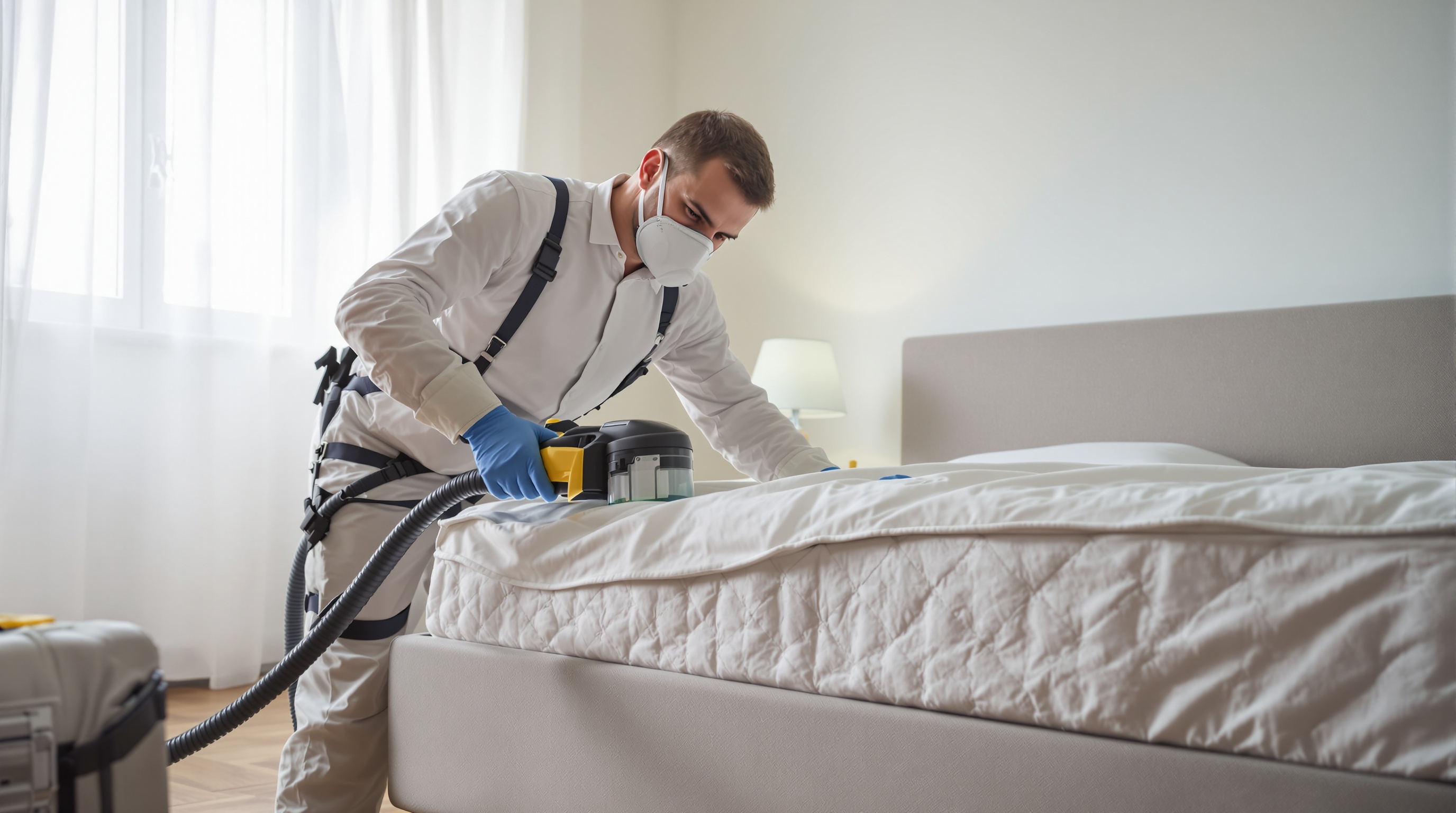 Un technicien en combinaison de protection, masque et gants nettoie un matelas avec un appareil spécialisé dans une chambre lumineuse.