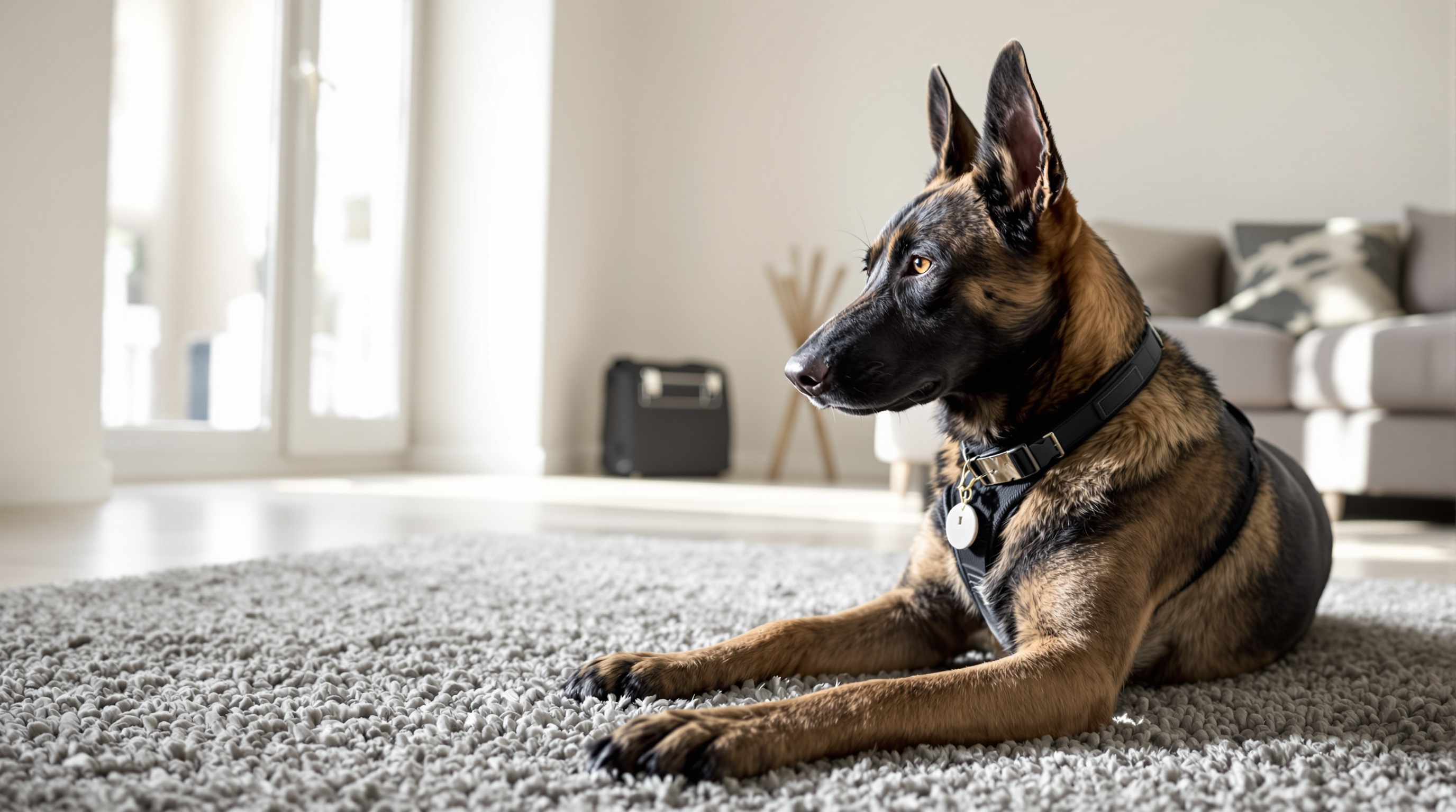 Berger belge couché sur un tapis gris dans un salon lumineux.