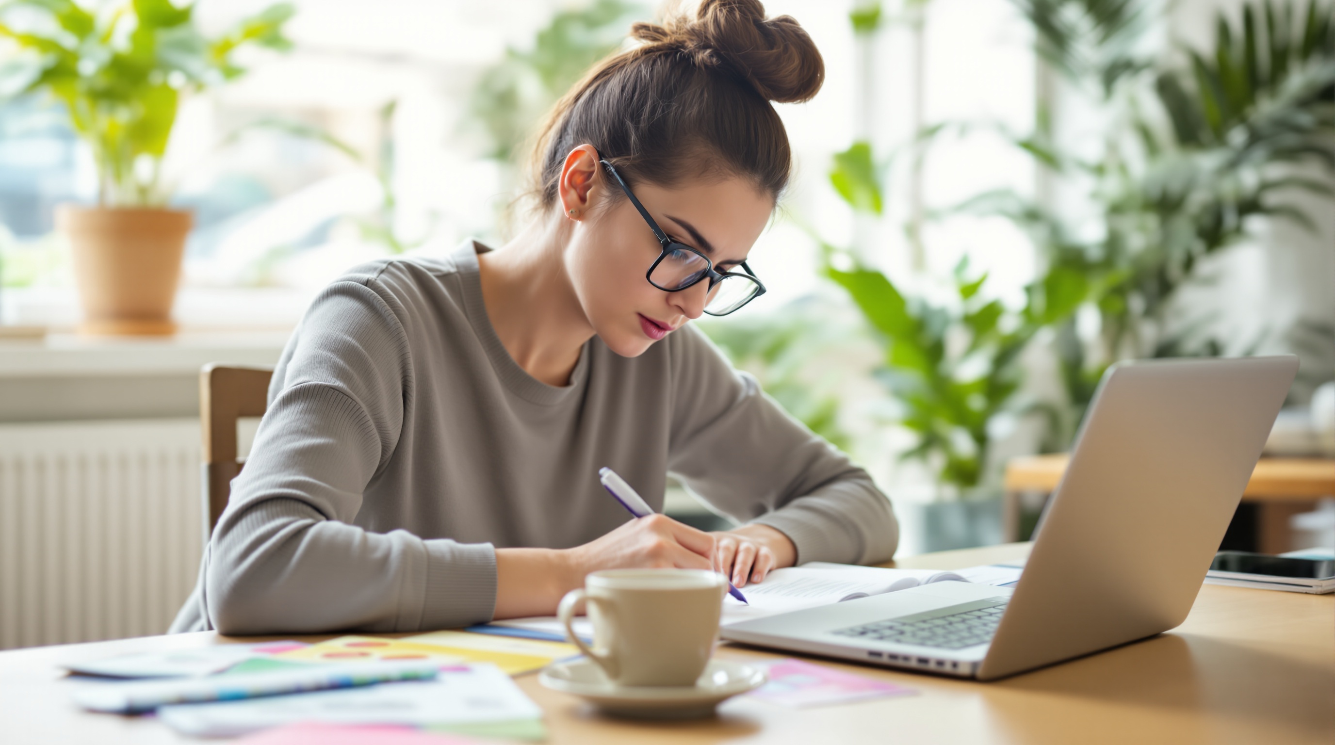 Jeune femme concentrée, portant des lunettes, écrivant dans un cahier devant un ordinateur portable et une tasse de café, assise à une table dans un intérieur lumineux avec des plantes en arrière-plan.