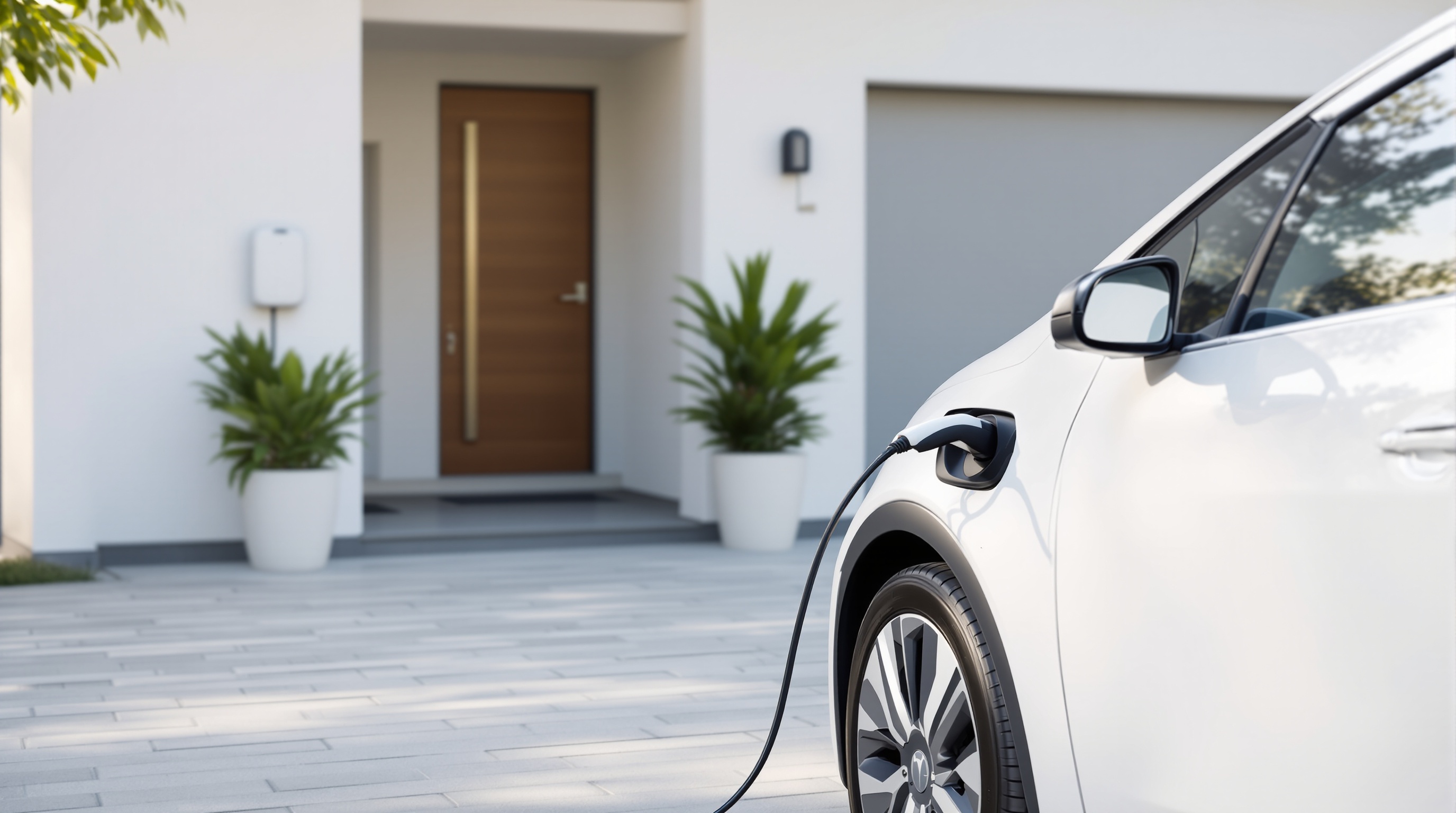 Voiture électrique en train de charger devant une maison moderne avec des plantes en pot.