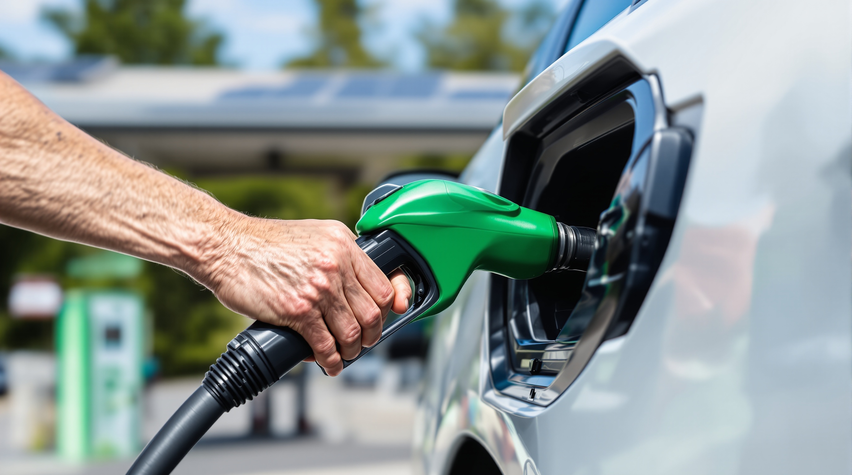 Main tenant un pistolet de pompe à essence verte inséré dans le réservoir d