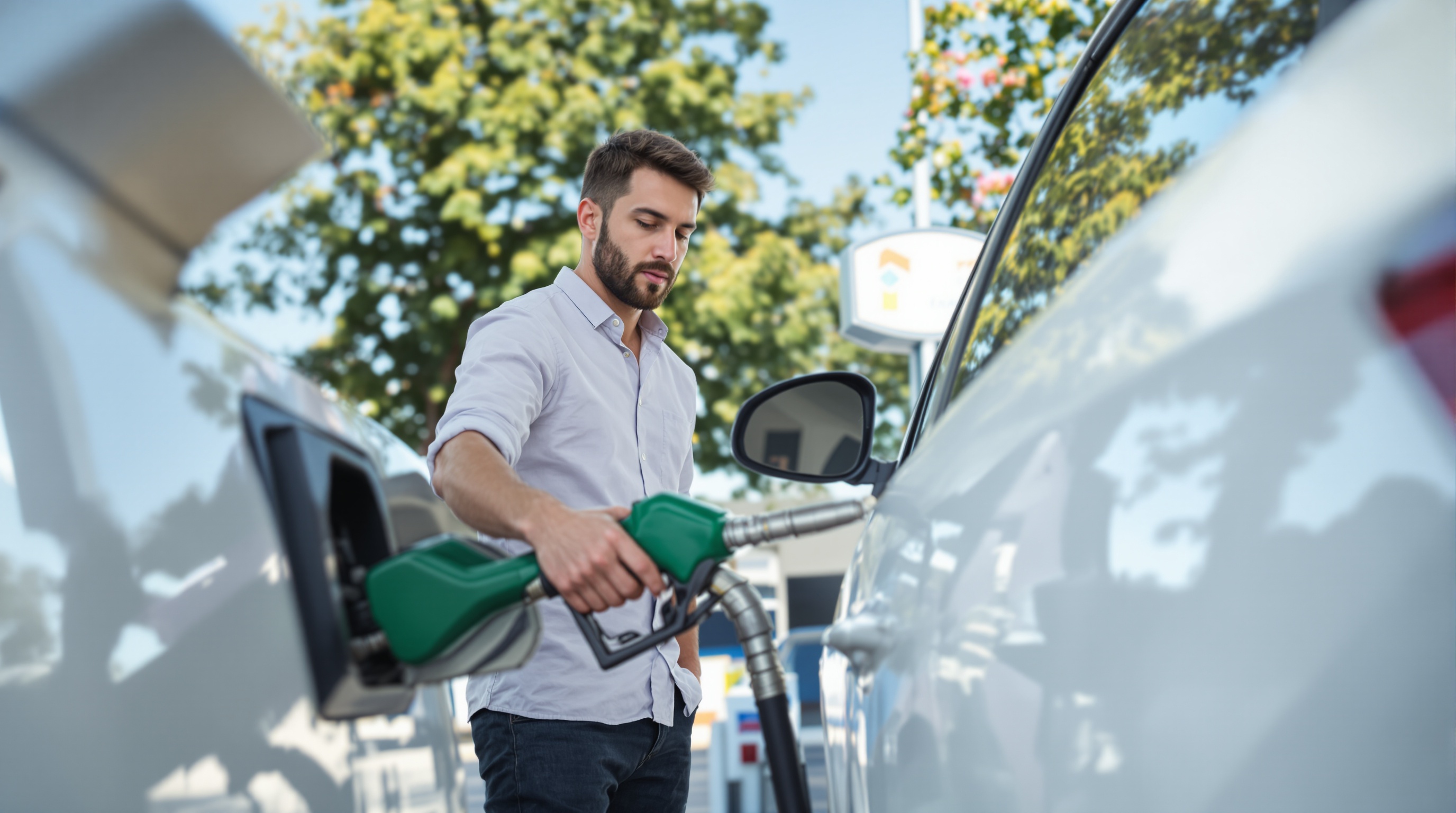 Un homme fait le plein d'une voiture à une station-service, tenant un pistolet de pompe à essence vert.