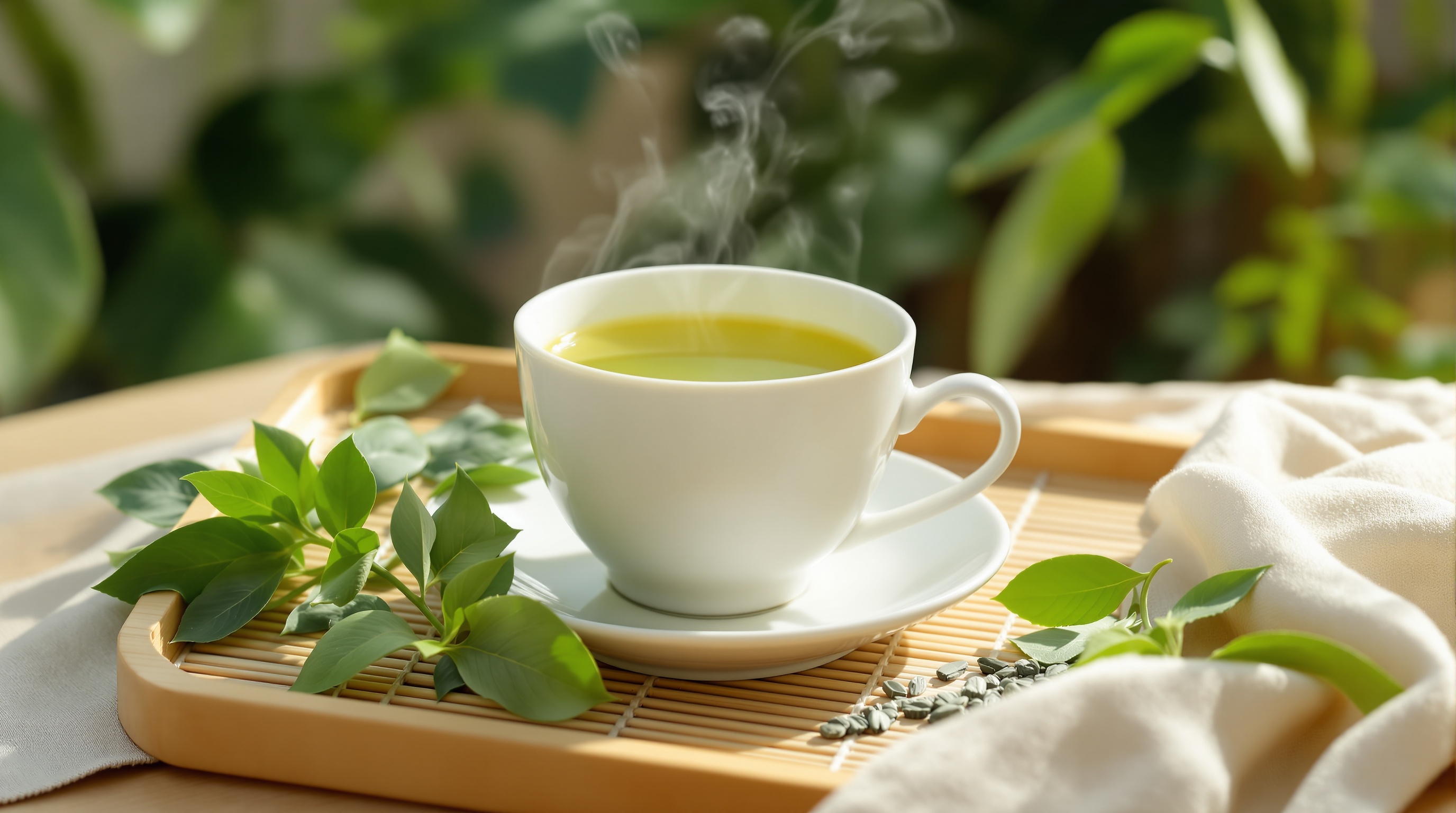 Tasse de thé vert fumant sur un plateau avec des feuilles fraîches autour, ambiance naturelle et lumineuse.