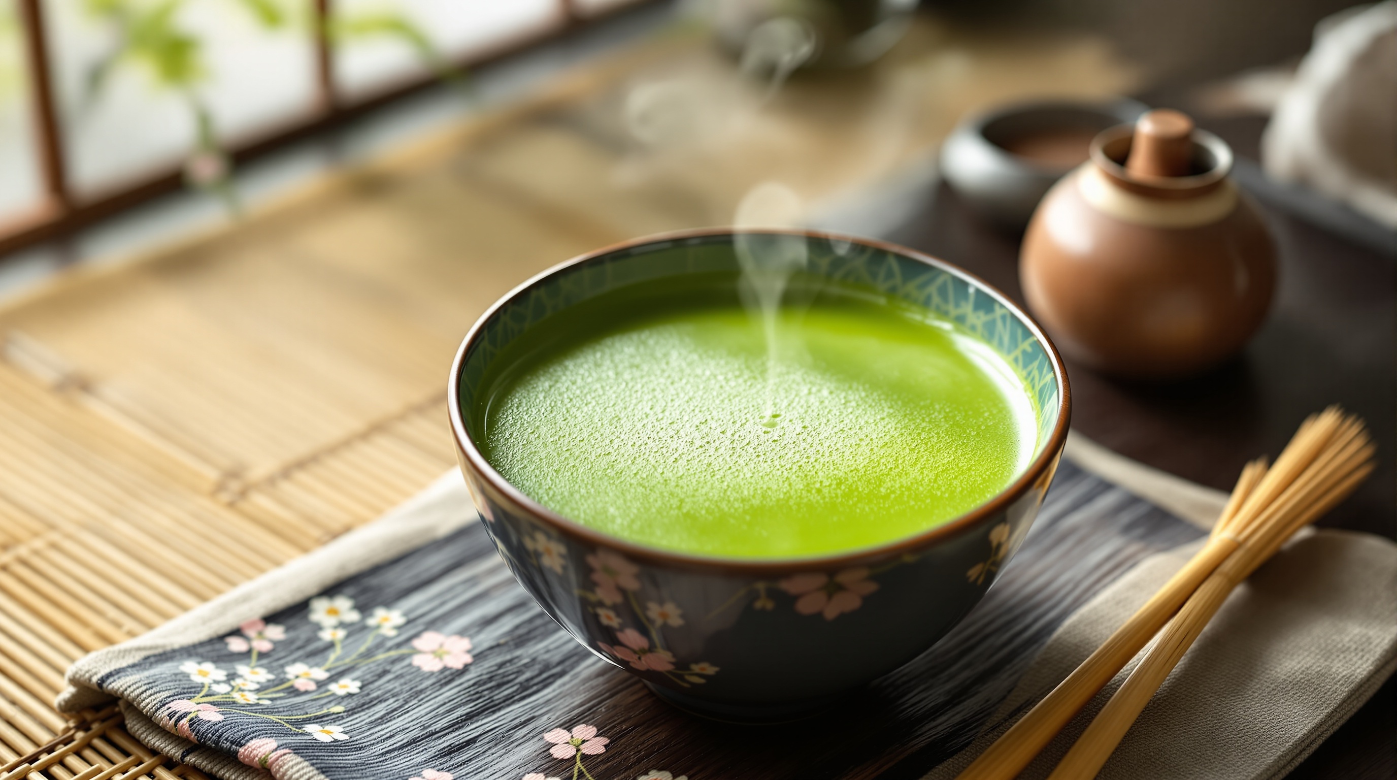 Bol de thé matcha chaud avec de la vapeur, posé sur une nappe à motifs floraux, accompagné d'accessoires de cérémonie du thé japonais.