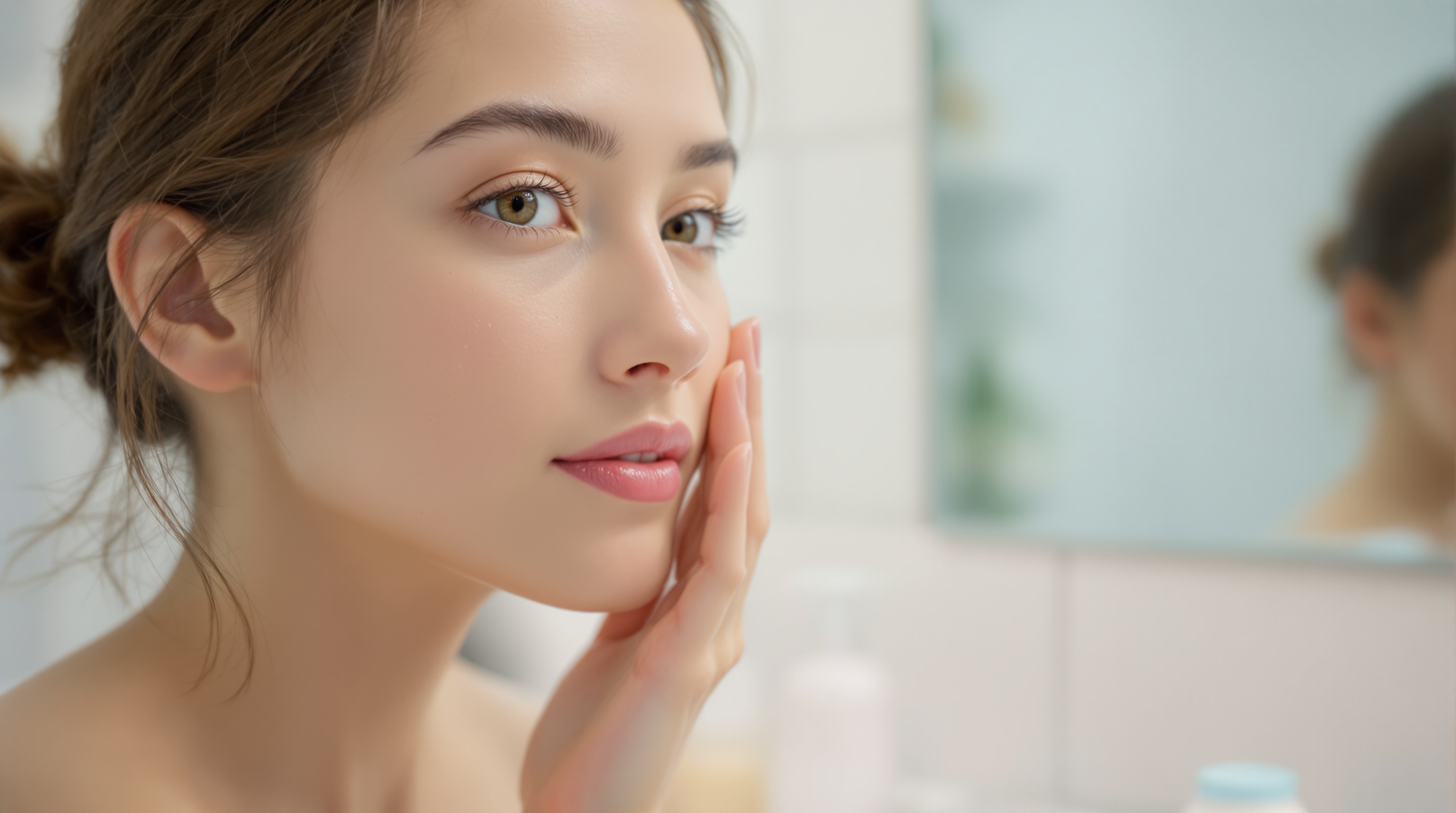 Femme avec une peau lisse se regarde dans un miroir et touche délicatement sa joue dans une salle de bain.