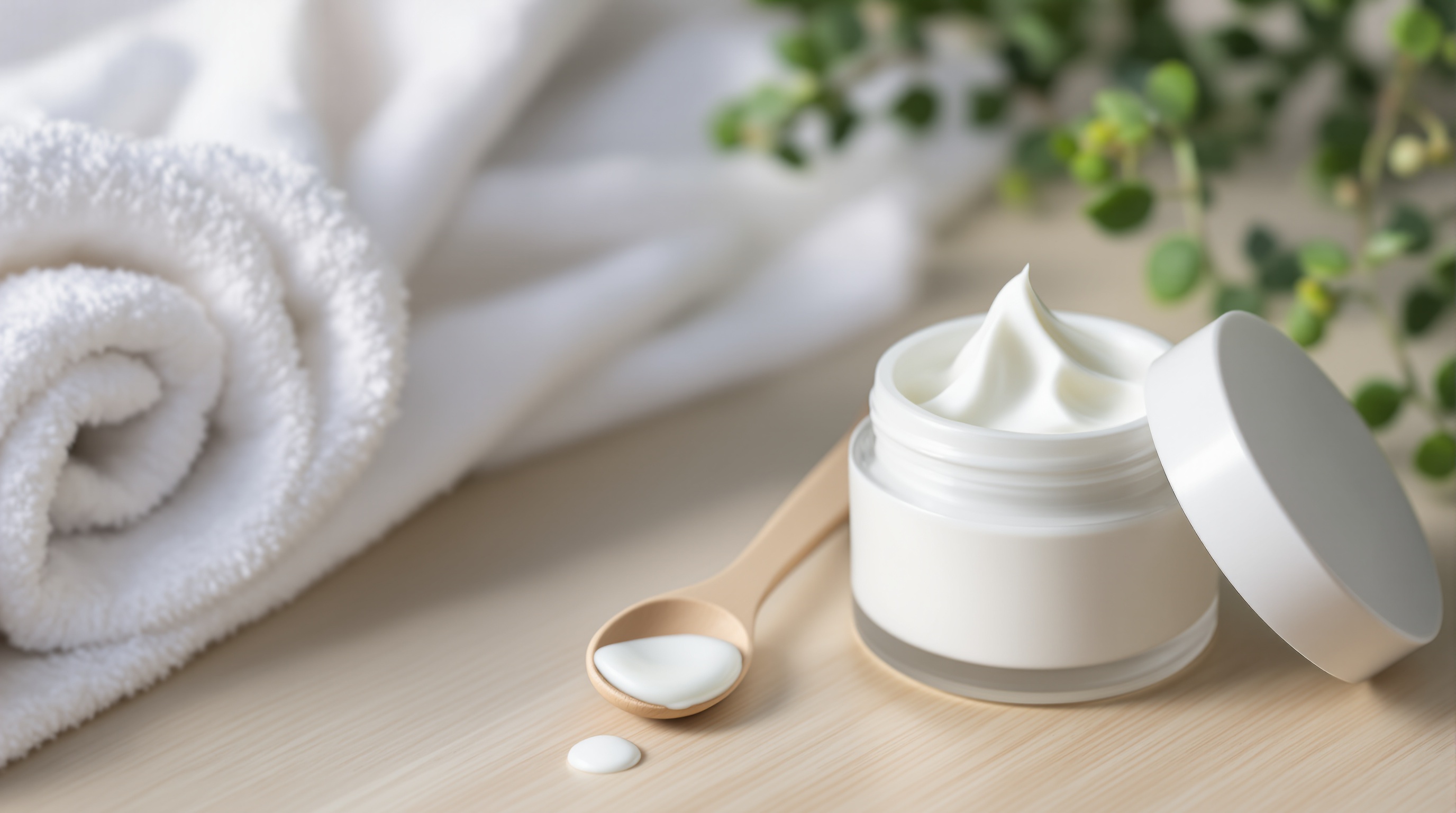 Pot de crème hydratante ouvert avec cuillère en bois contenant de la crème, serviette blanche roulée et plante verte en arrière-plan.