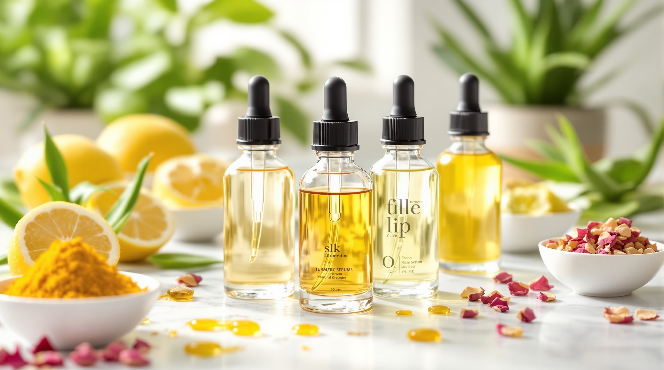 Flacons de sérum à pipette posés sur une table avec des ingrédients naturels dont des citrons coupés, du curcuma en poudre, des pétales de rose séchés et des plantes vertes en arrière-plan.