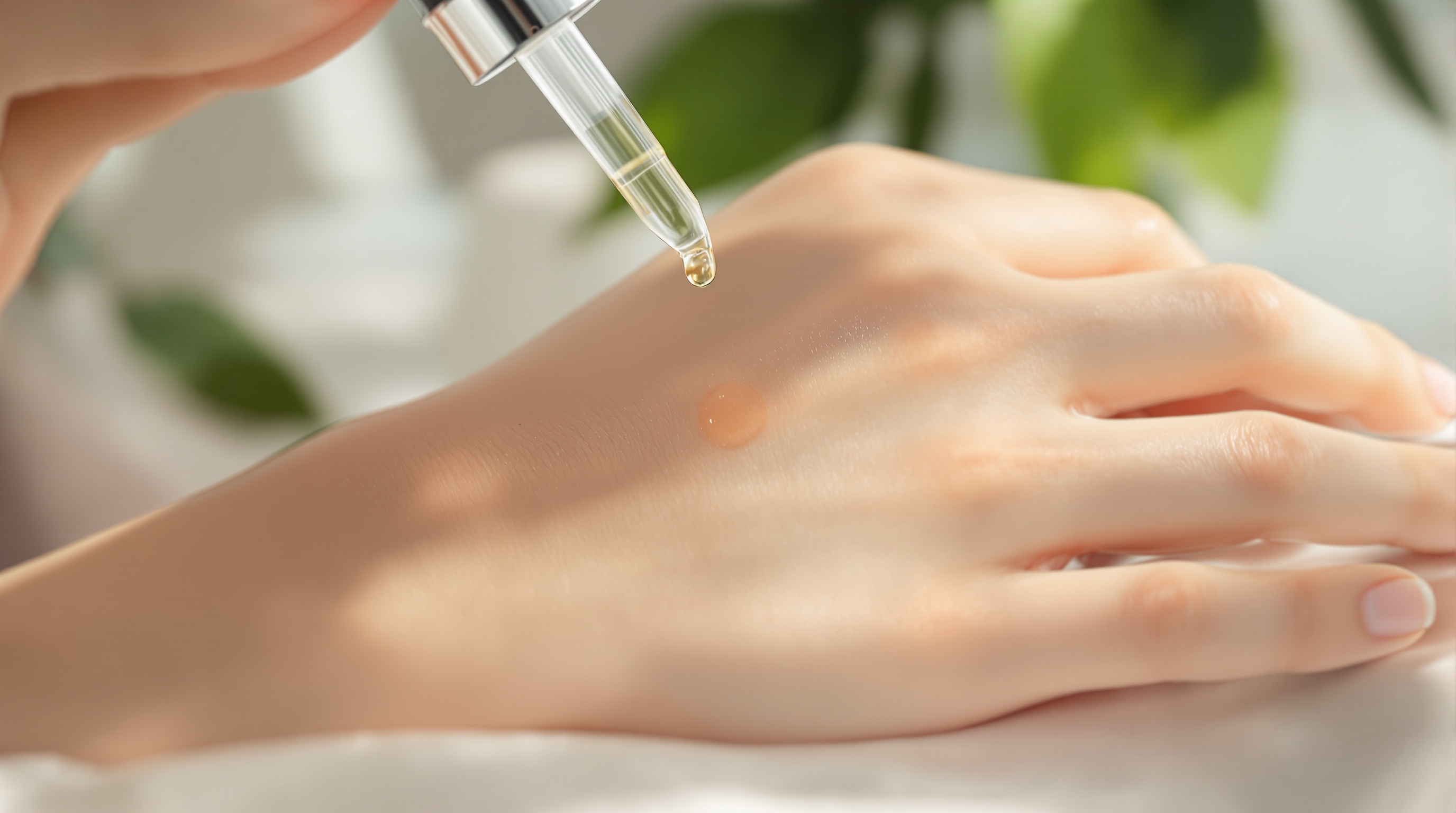 Main tenant une pipette déposant une goutte de sérum sur le dos de la main.