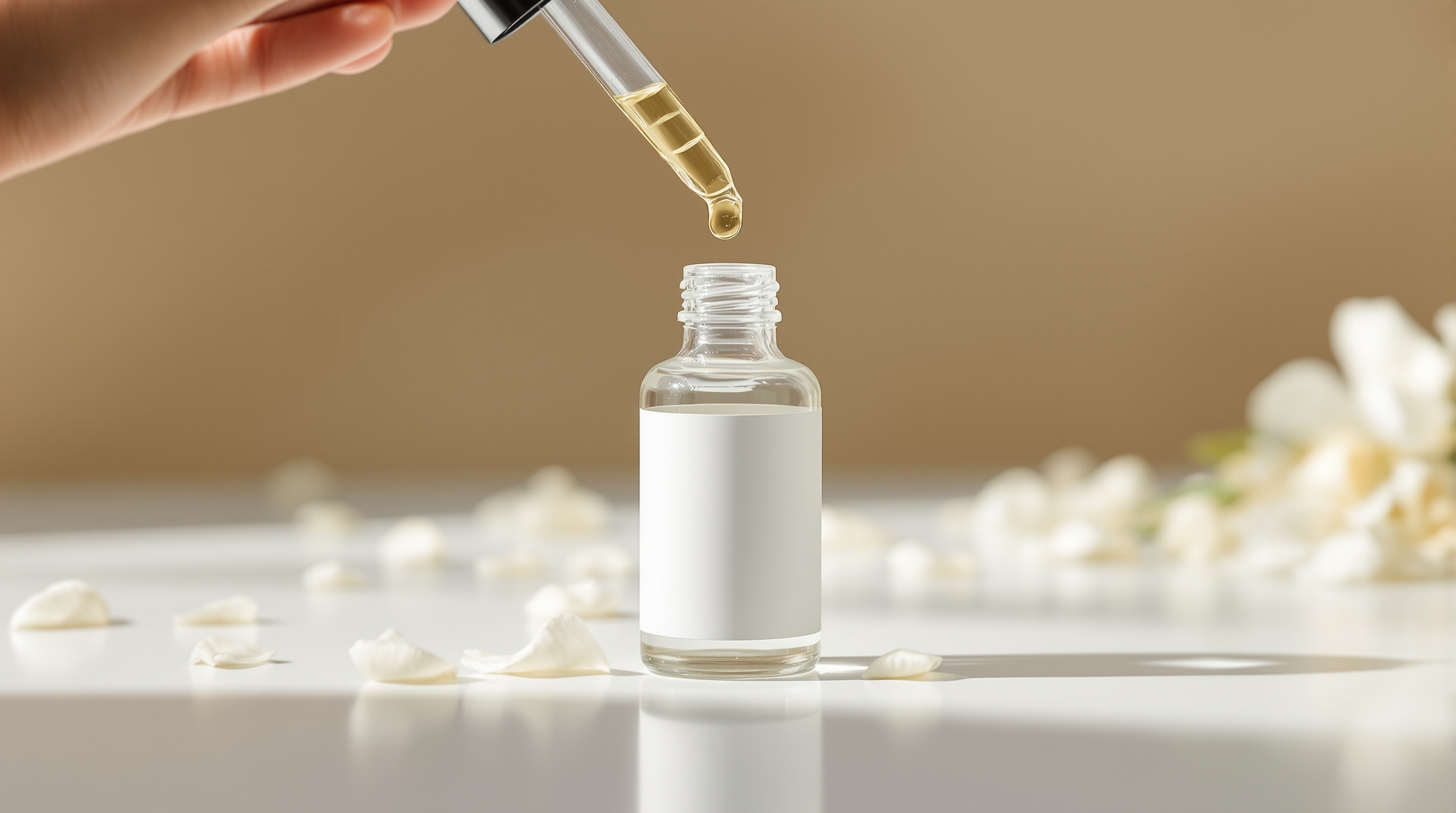 Flacon en verre transparent avec une étiquette blanche, contenant un liquide, sur une surface blanche parsemée de pétales, et une pipette tenant une goutte au-dessus du flacon.