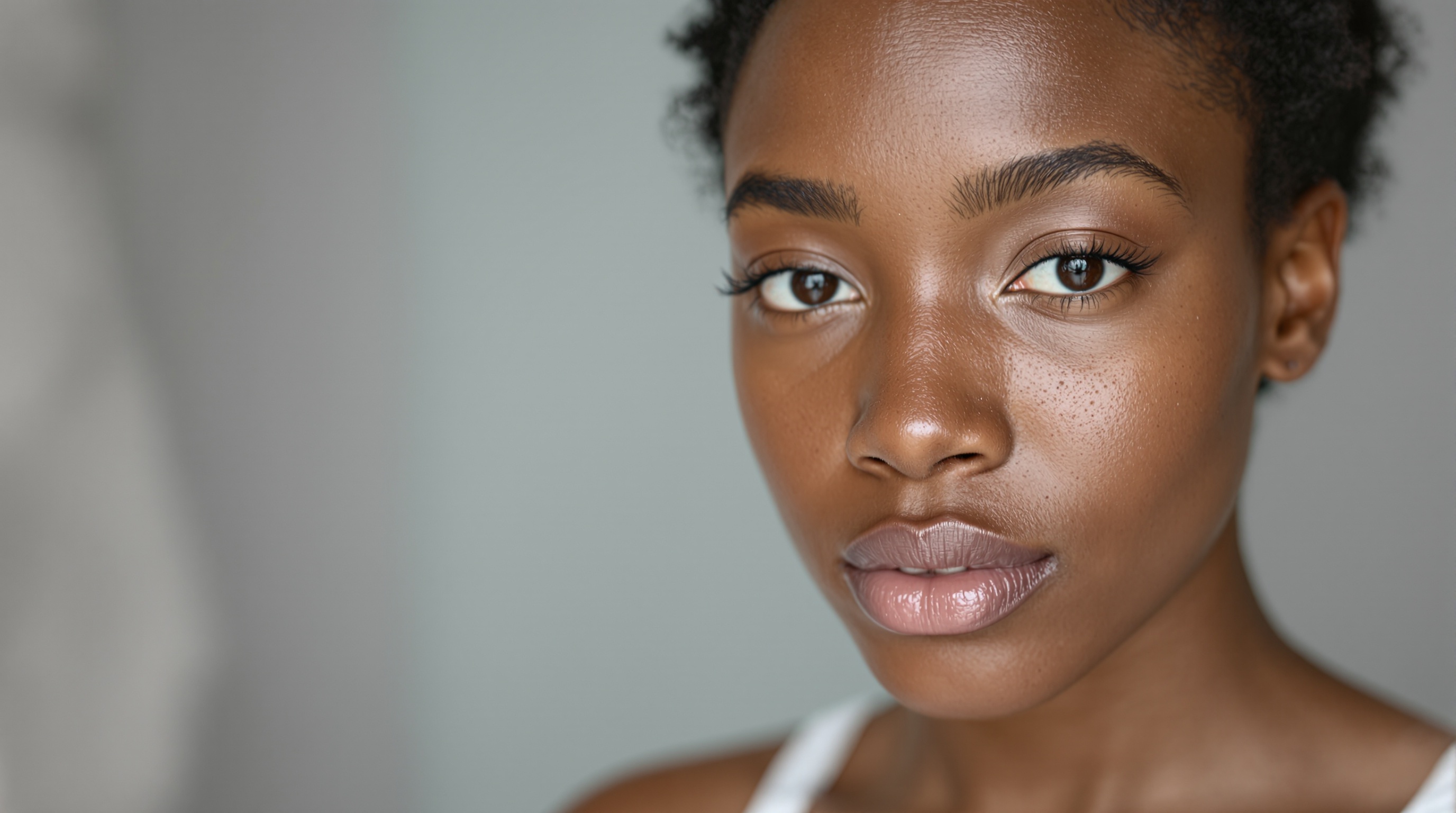 Portrait en gros plan d'une femme au teint foncé avec des cheveux courts et frisés, regardant l'objectif avec un visage sérieux et une expression neutre.
