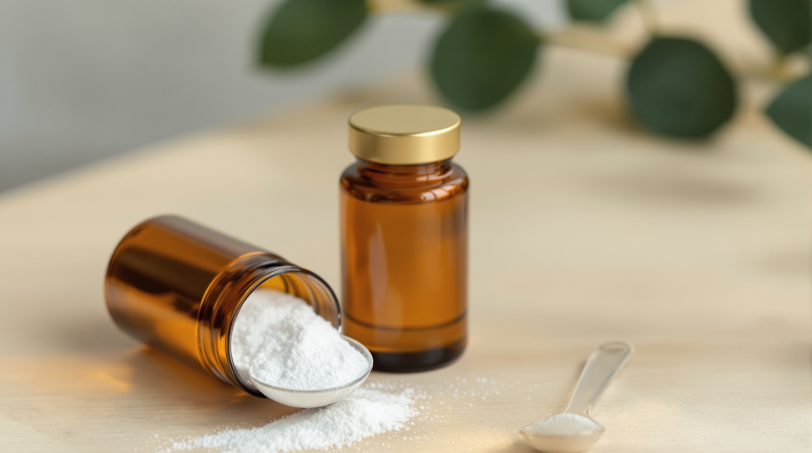Deux flacons en verre ambré, l’un couché et ouvert laissant échapper une poudre blanche avec une cuillère, sur une table en bois claire.