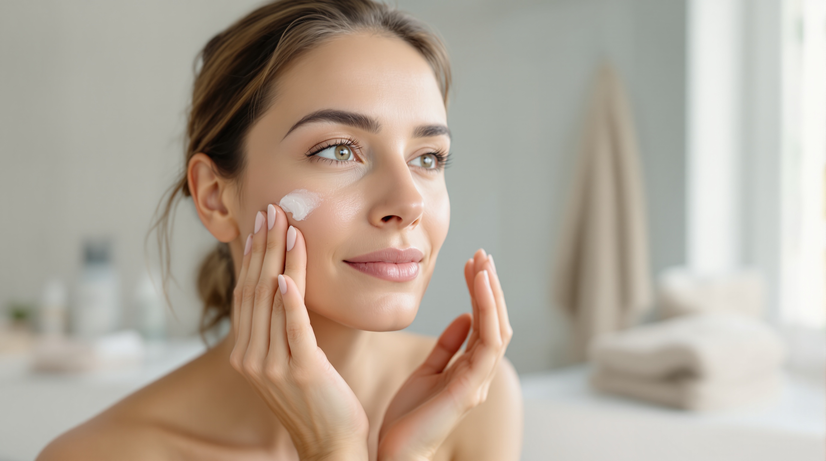 Femme appliquant une crème hydratante sur son visage dans une salle de bain lumineuse.