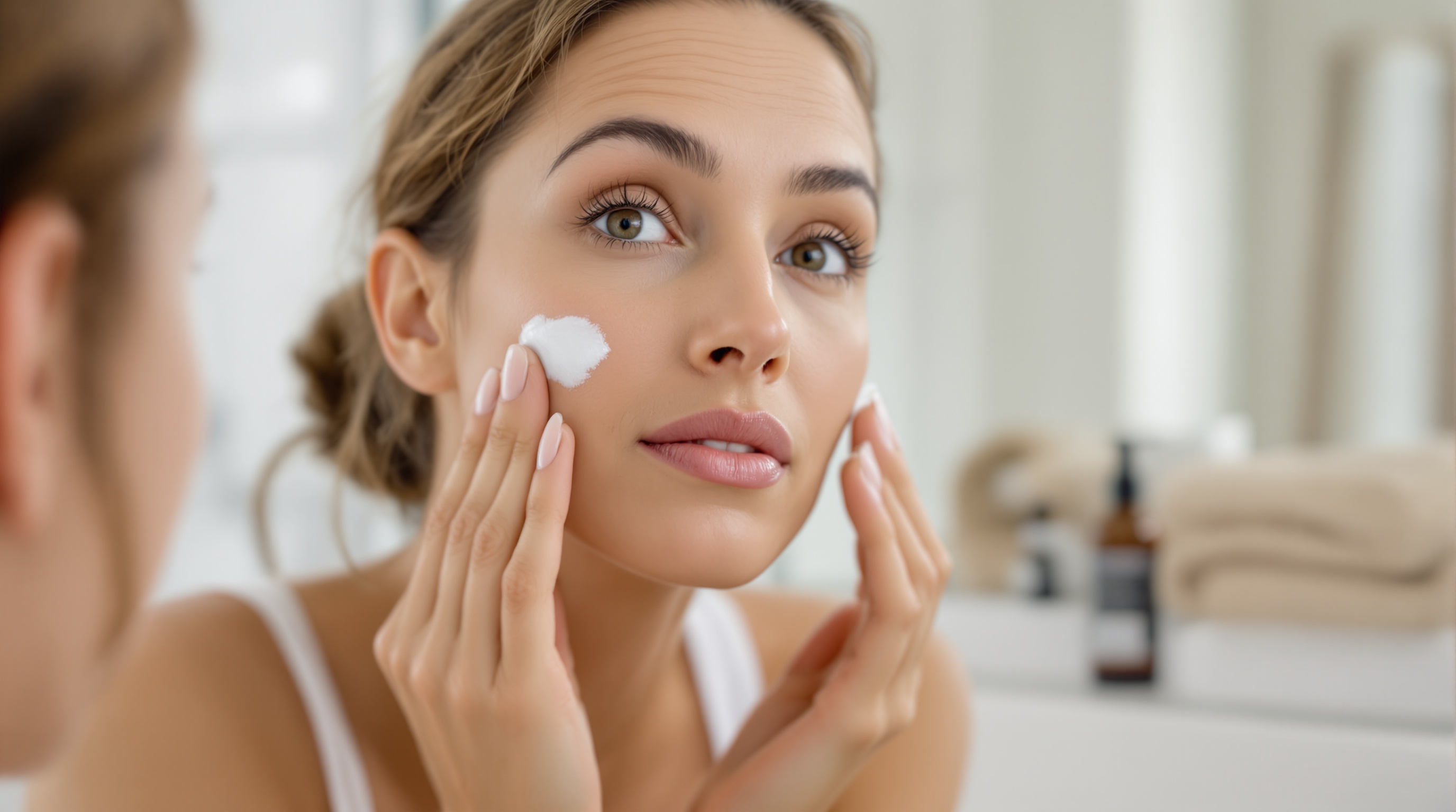 Femme appliquant de la crème hydratante sur son visage devant un miroir.