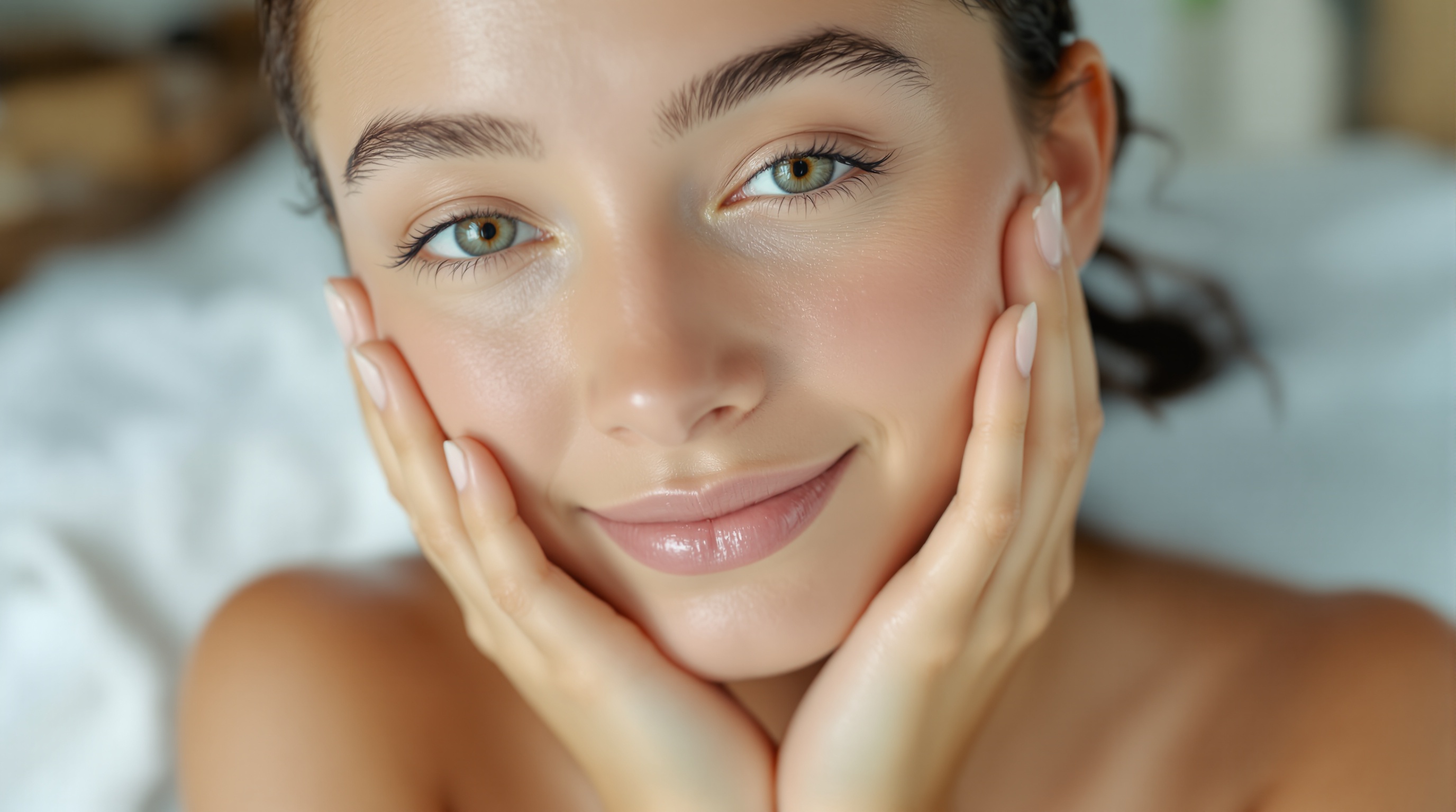 Femme souriante avec la peau éclatante tenant son visage entre ses mains.