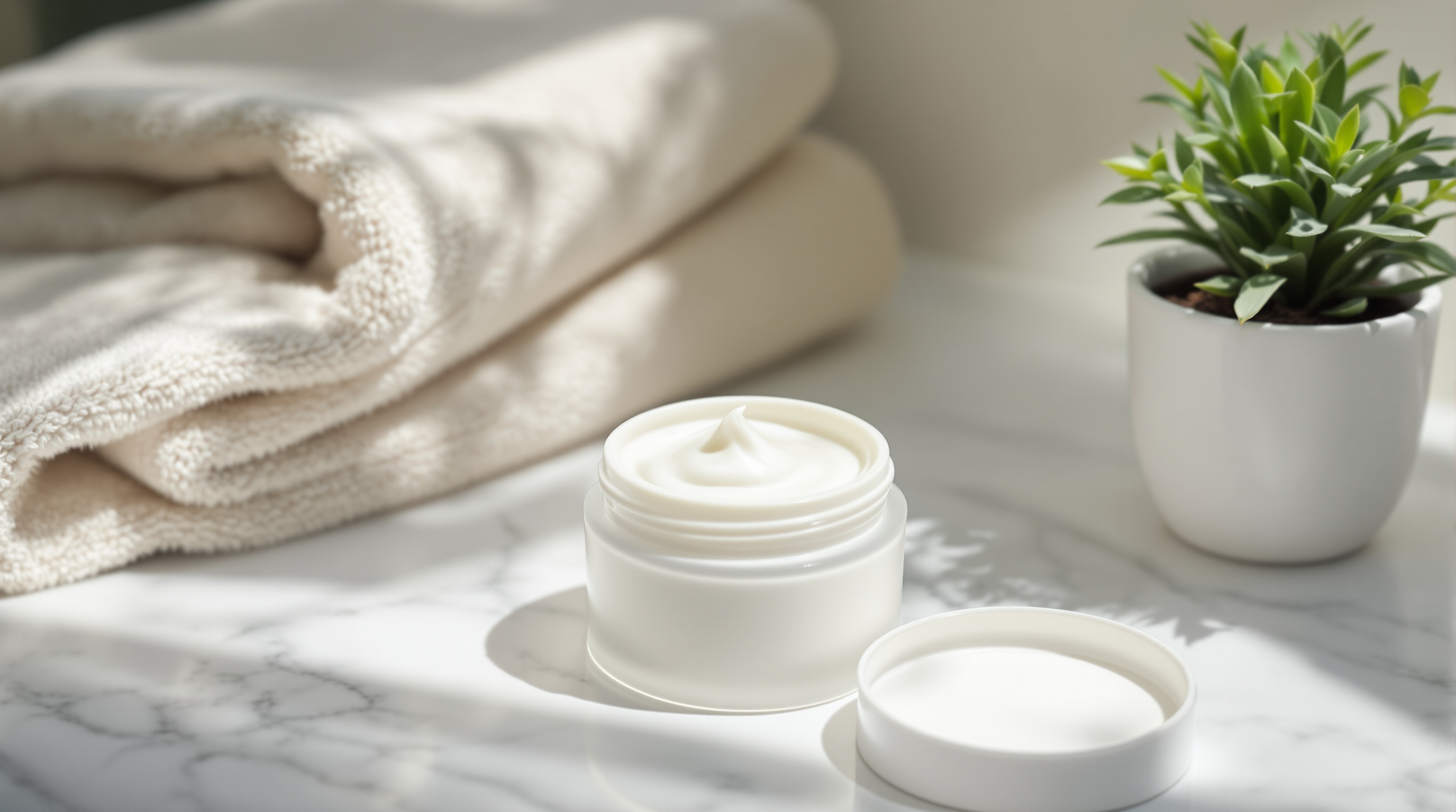 Pot de crème ouvert posé sur une surface en marbre, avec une serviette beige pliée et une plante verte en pot blanc en arrière-plan.