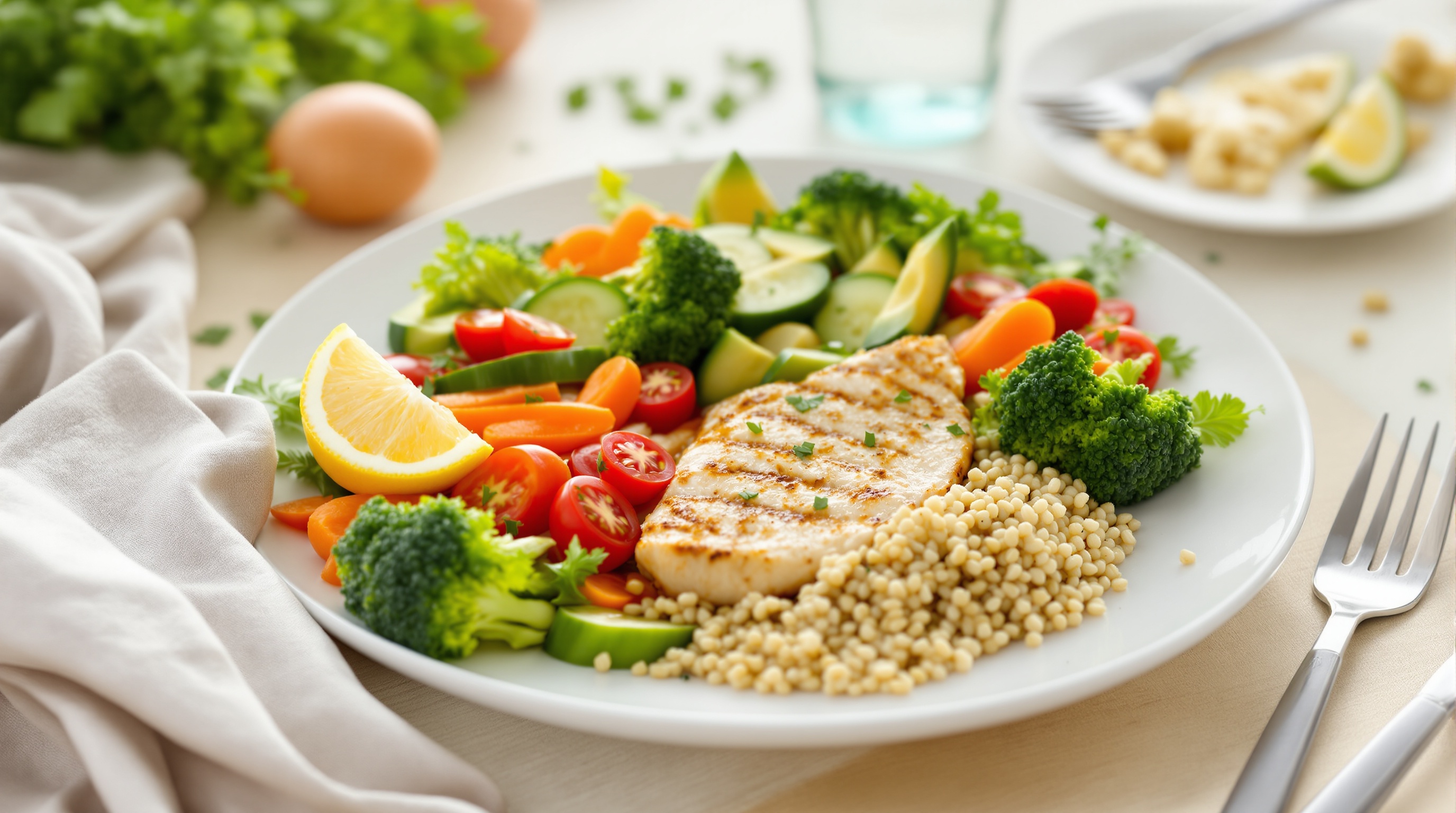 Assiette composée de filet de poulet grillé, de semoule, de brocolis, de carottes, de tomates cerises, de rondelles de concombre, d’avocat, de salade verte et d’un quartier de citron.