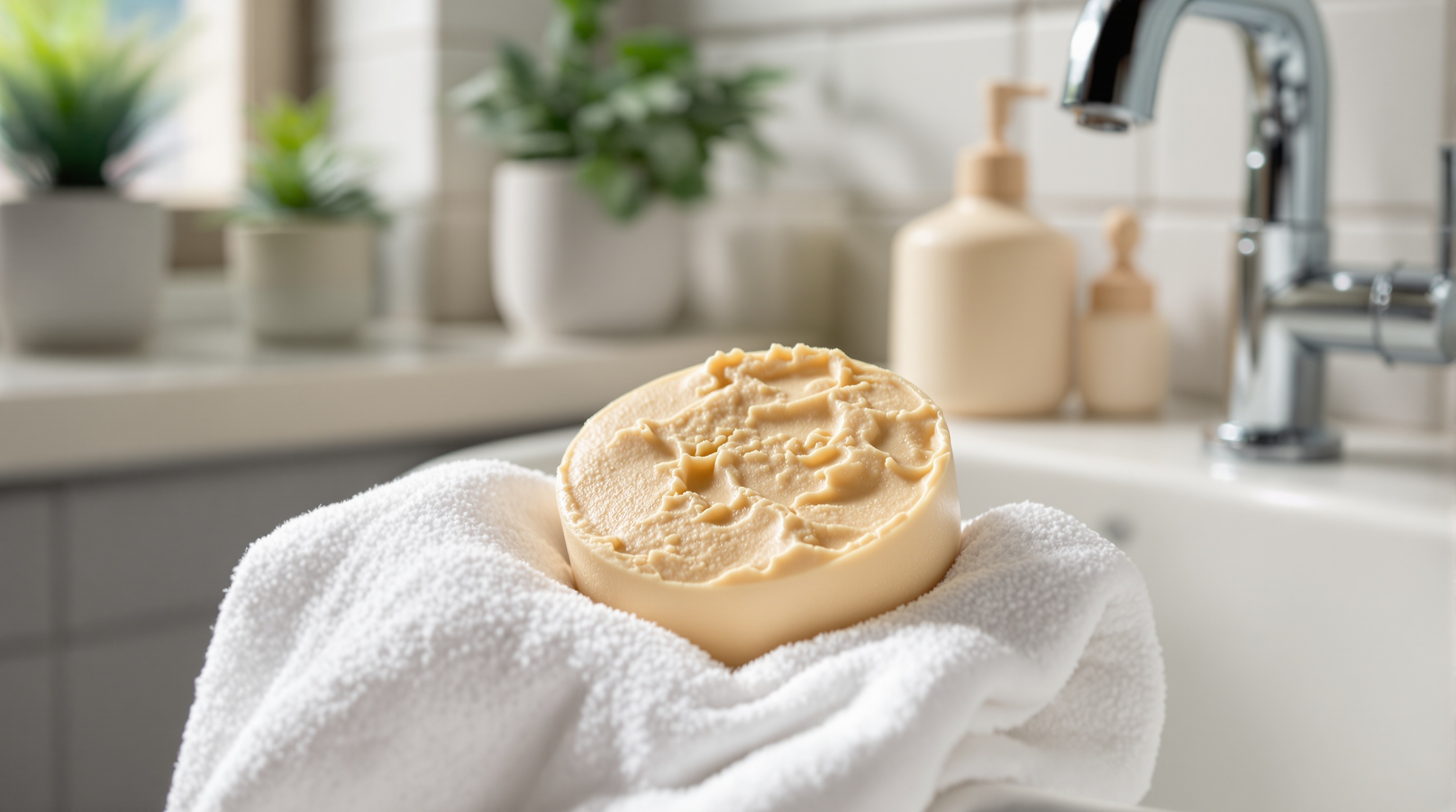 Savon sur une serviette blanche dans une salle de bain, avec des plantes et un distributeur de savon en arrière-plan.