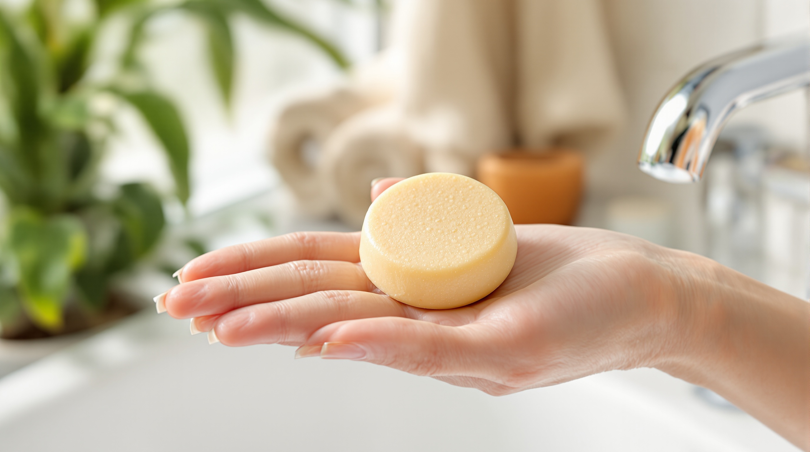 Yellow solid shampoo held in one hand over a sink, with towels and a plant in the background.