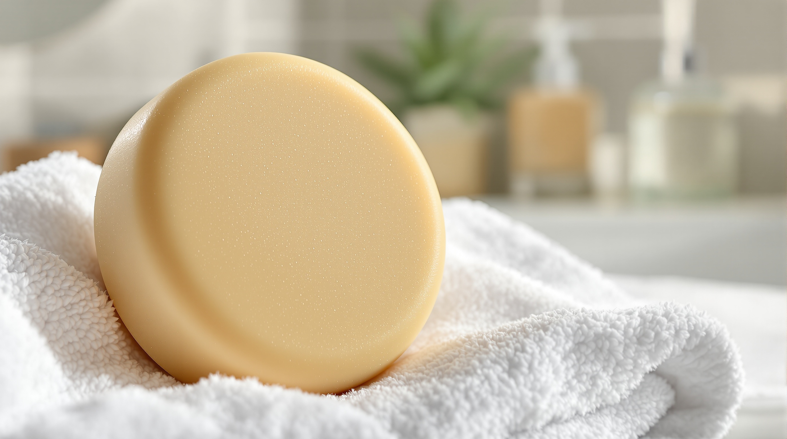Savon solide beige posé sur une serviette blanche, dans une salle de bain.
