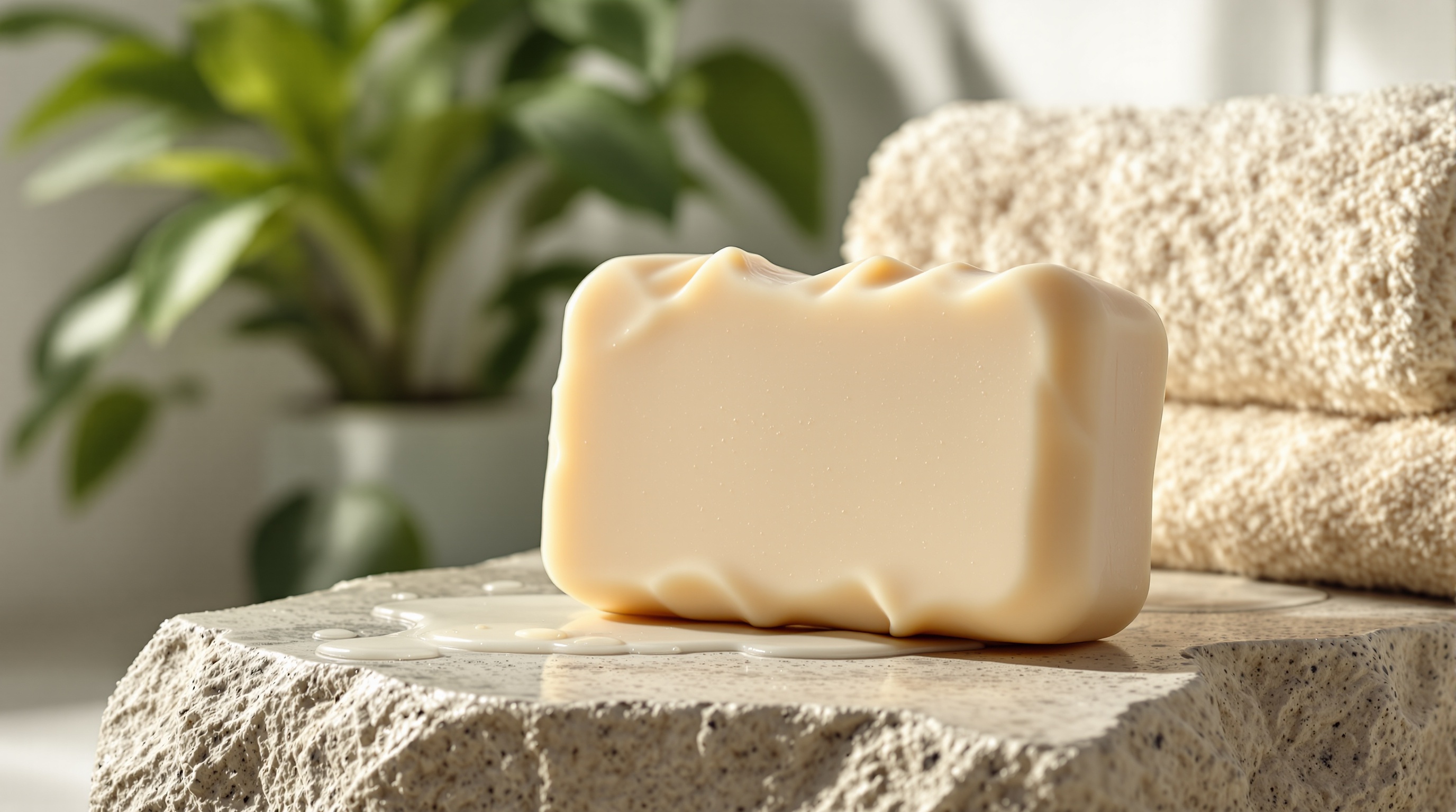Savon crème posé sur une pierre avec des gouttes d