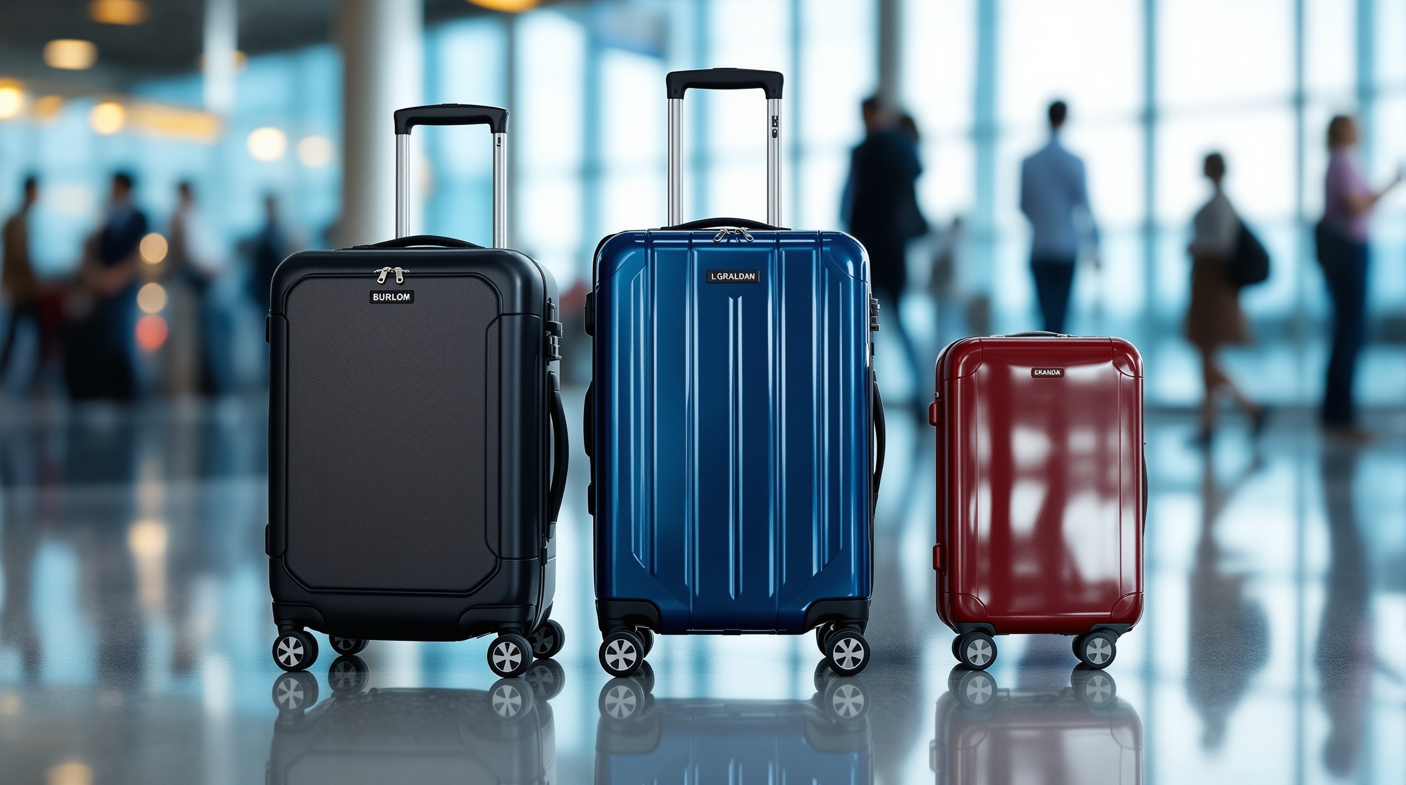 Three wheeled suitcases of different sizes and colors (black, blue and red) sit side by side in an airport, with blurred silhouettes of people in the background.