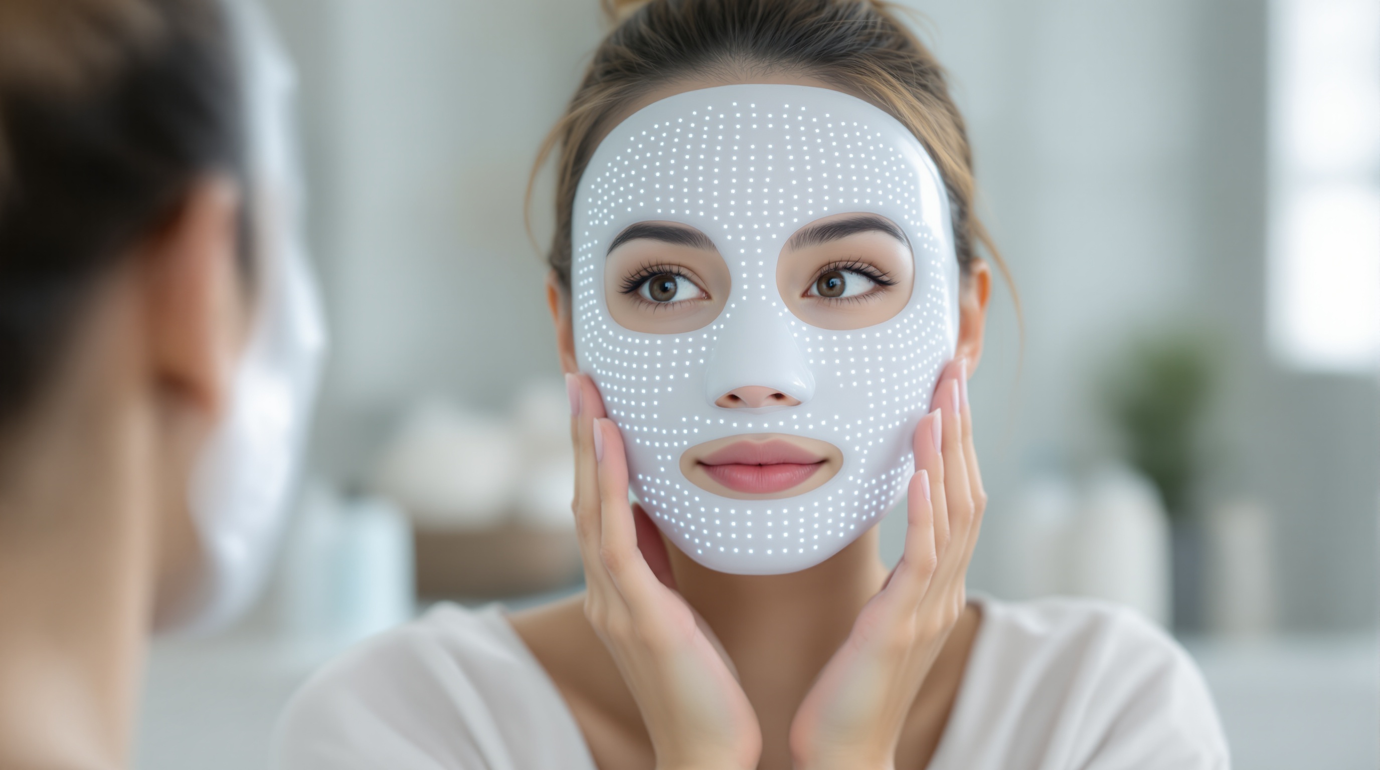 Woman wearing a white LED face mask, looking in the mirror.