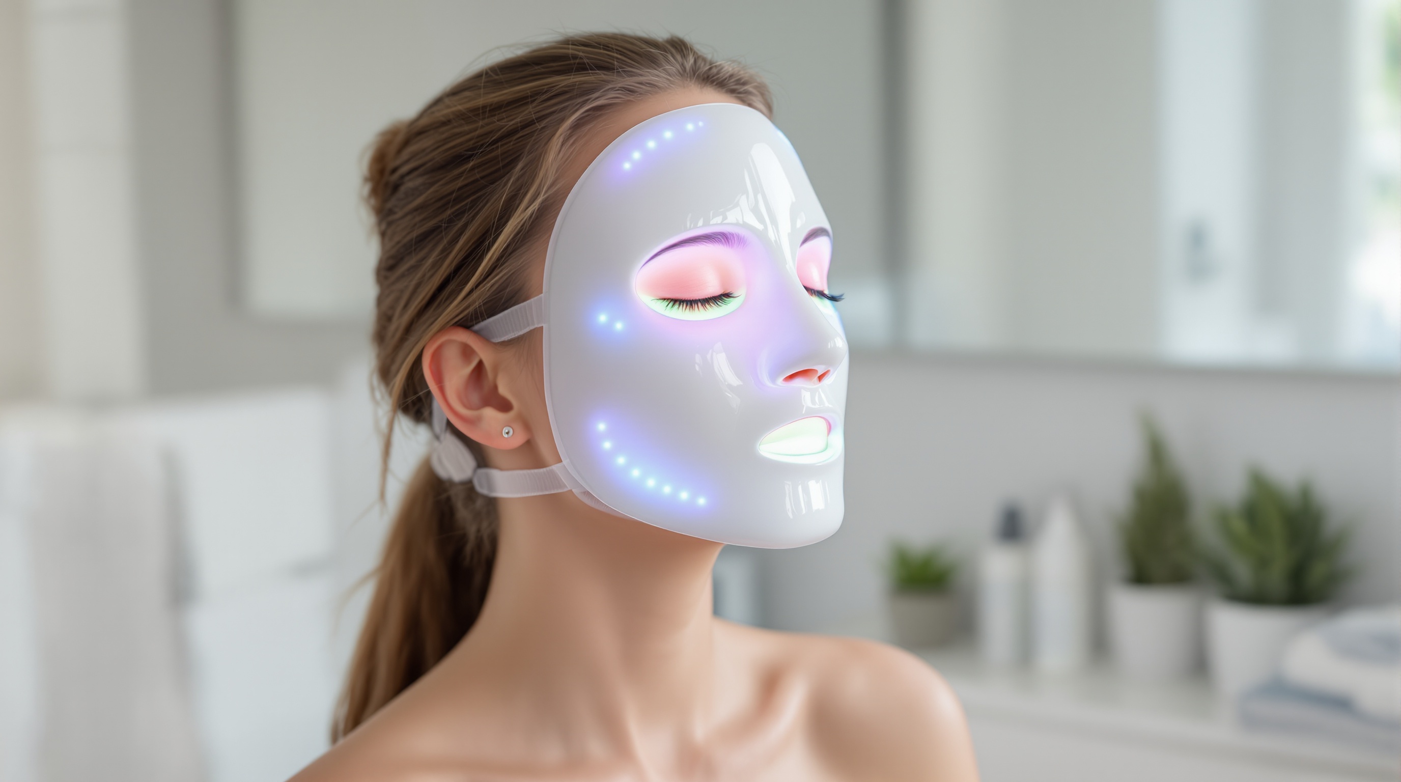 Femme portant un masque facial lumineux LED pour un soin de la peau, dans une salle de bain.