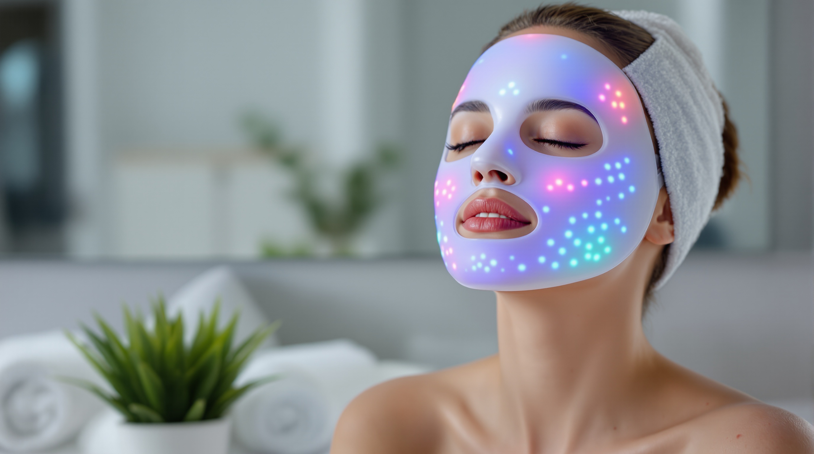 Femme portant un masque facial lumineux à LED pour soin de la peau, avec une serviette autour de la tête, dans un cadre spa.
