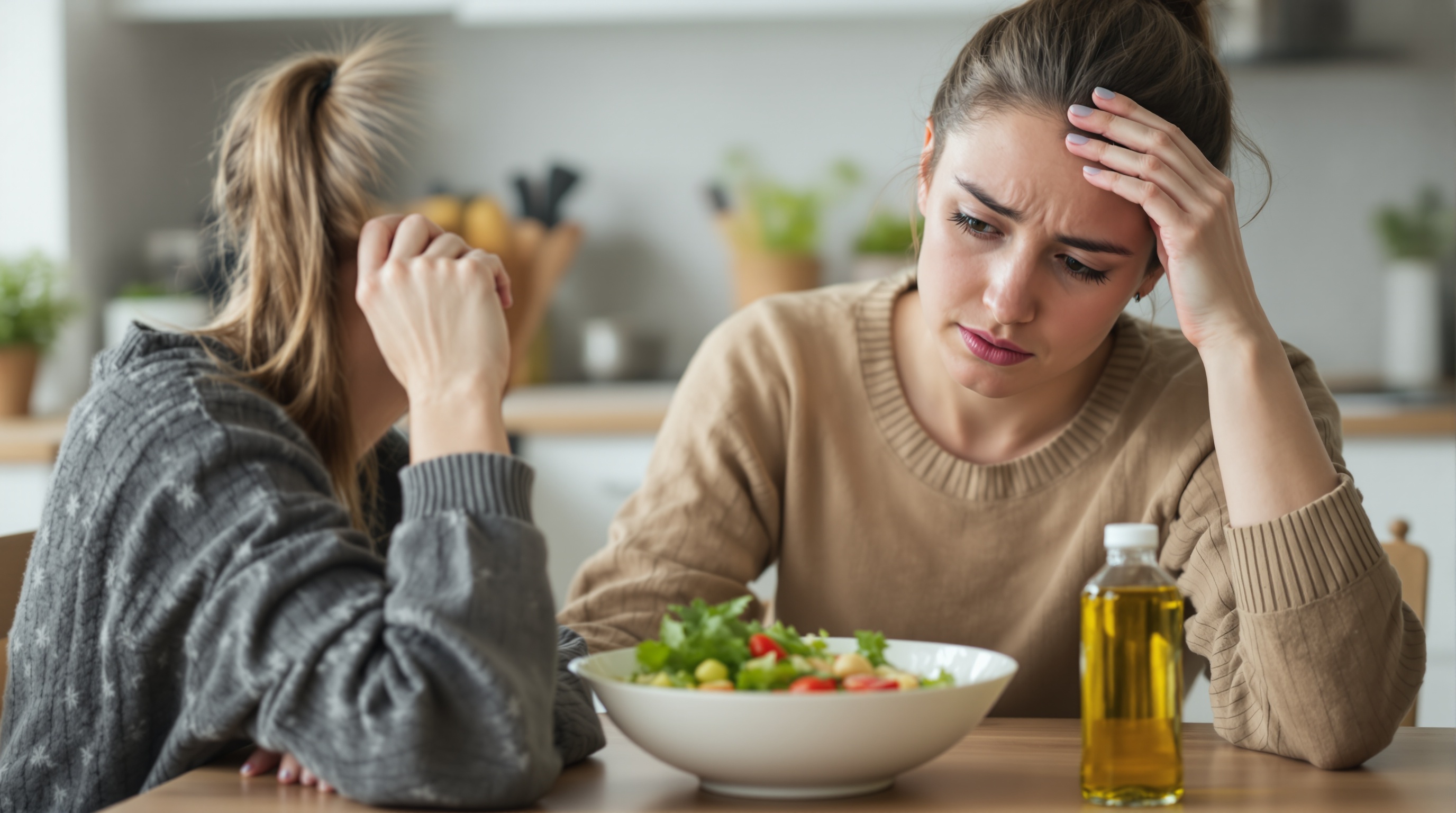 Deux femmes assises à une table, l'air préoccupé, avec une salade et une bouteille d'huile d'olive devant elles.