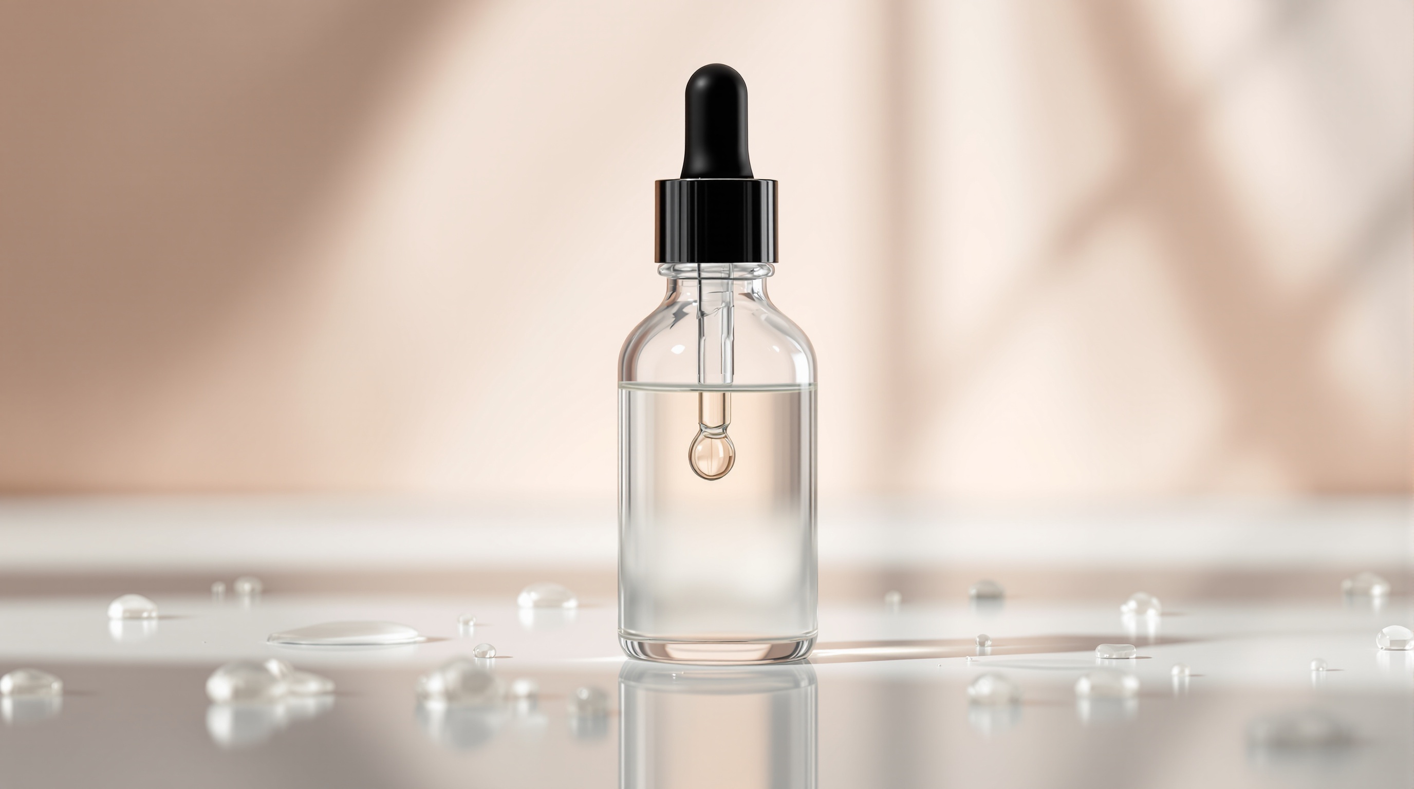 Flacon compte-gouttes transparent contenant un liquide, posé sur une surface avec des gouttes d’eau, sur fond neutre et lumineux.
