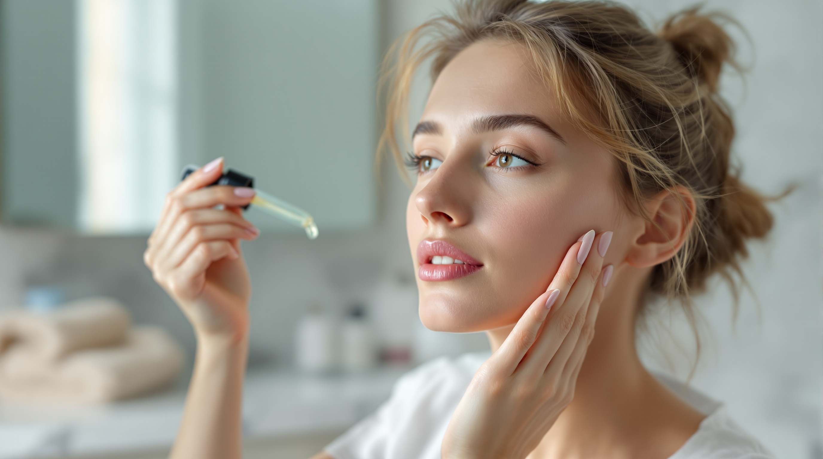 Femme appliquant un sérum pour le visage avec une pipette, dans une salle de bain.