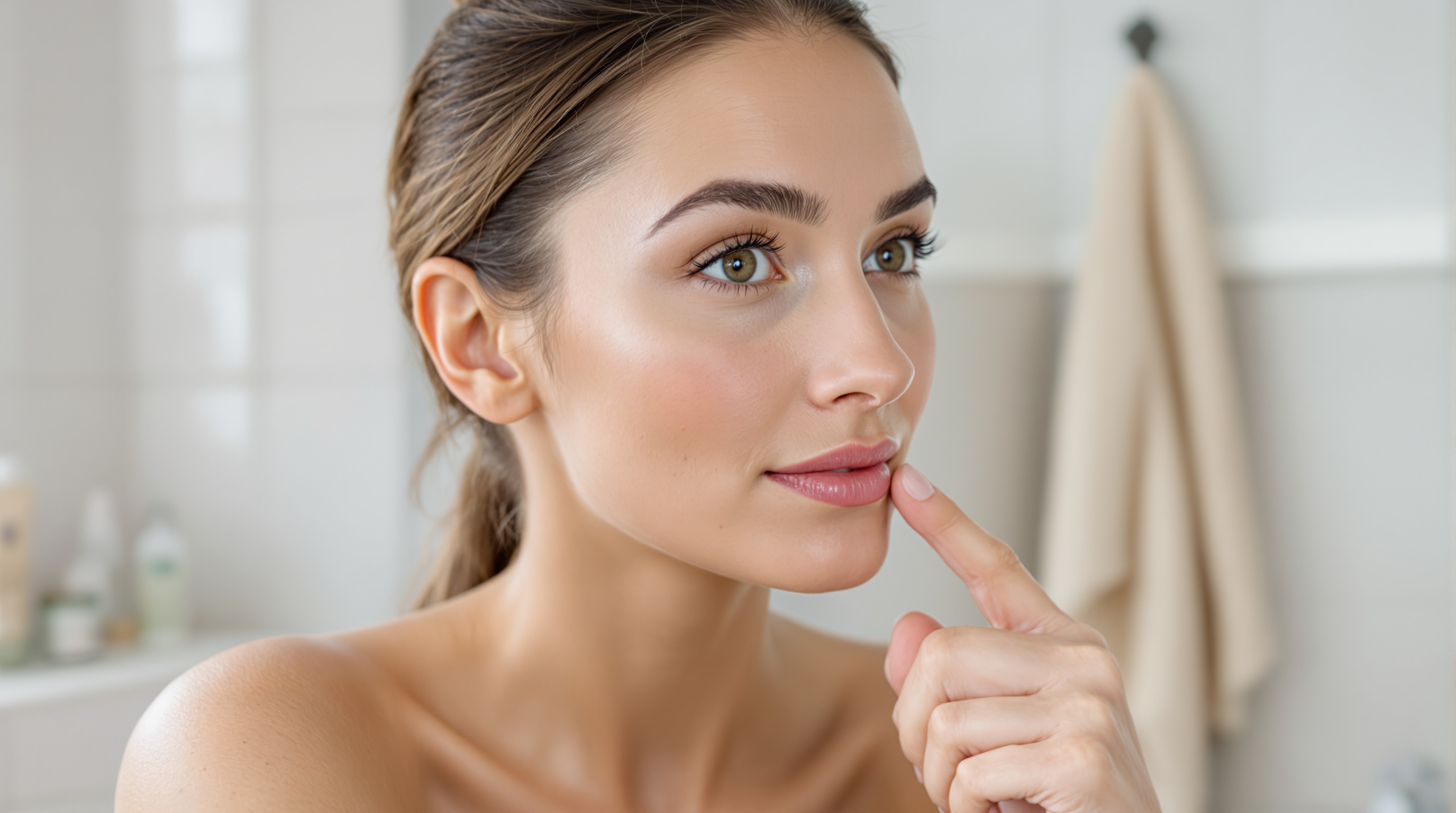 Femme touchant ses lèvres devant un miroir dans une salle de bain, peau nette et cheveux attachés.